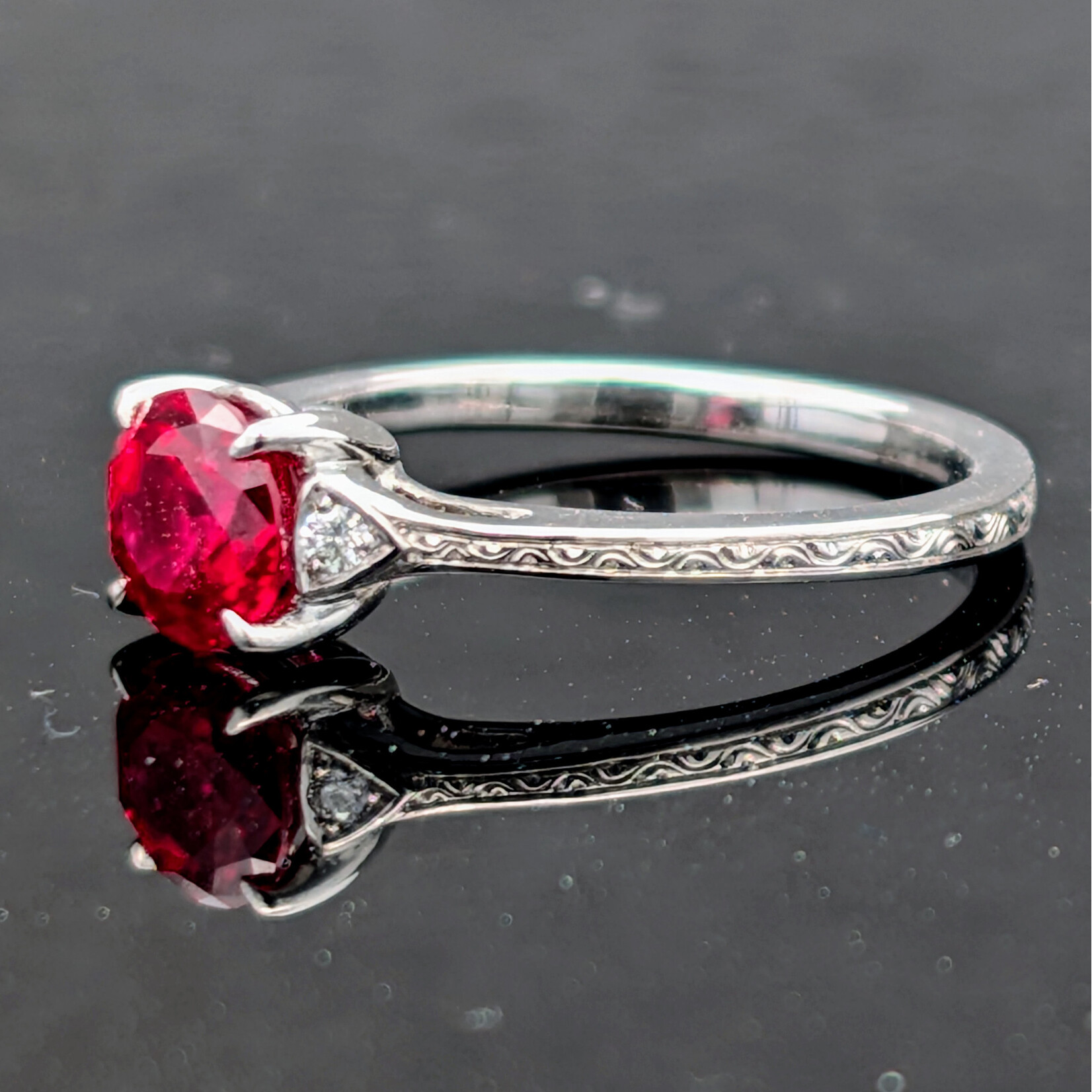 Modern Heirloom® Ruby Solitaire in Engraved Platinum, 1.8ct Lab Grown Ruby