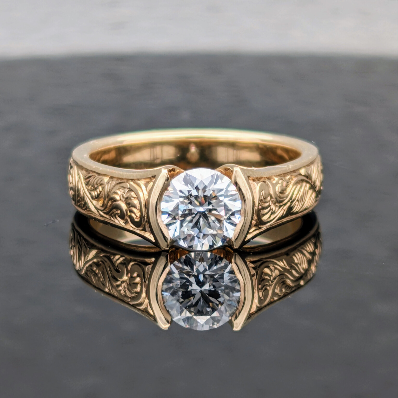 Modern Heirloom® Bridge Solitaire Ring, 1.00ct, Fiddlehead, Sz7.25, 14KY