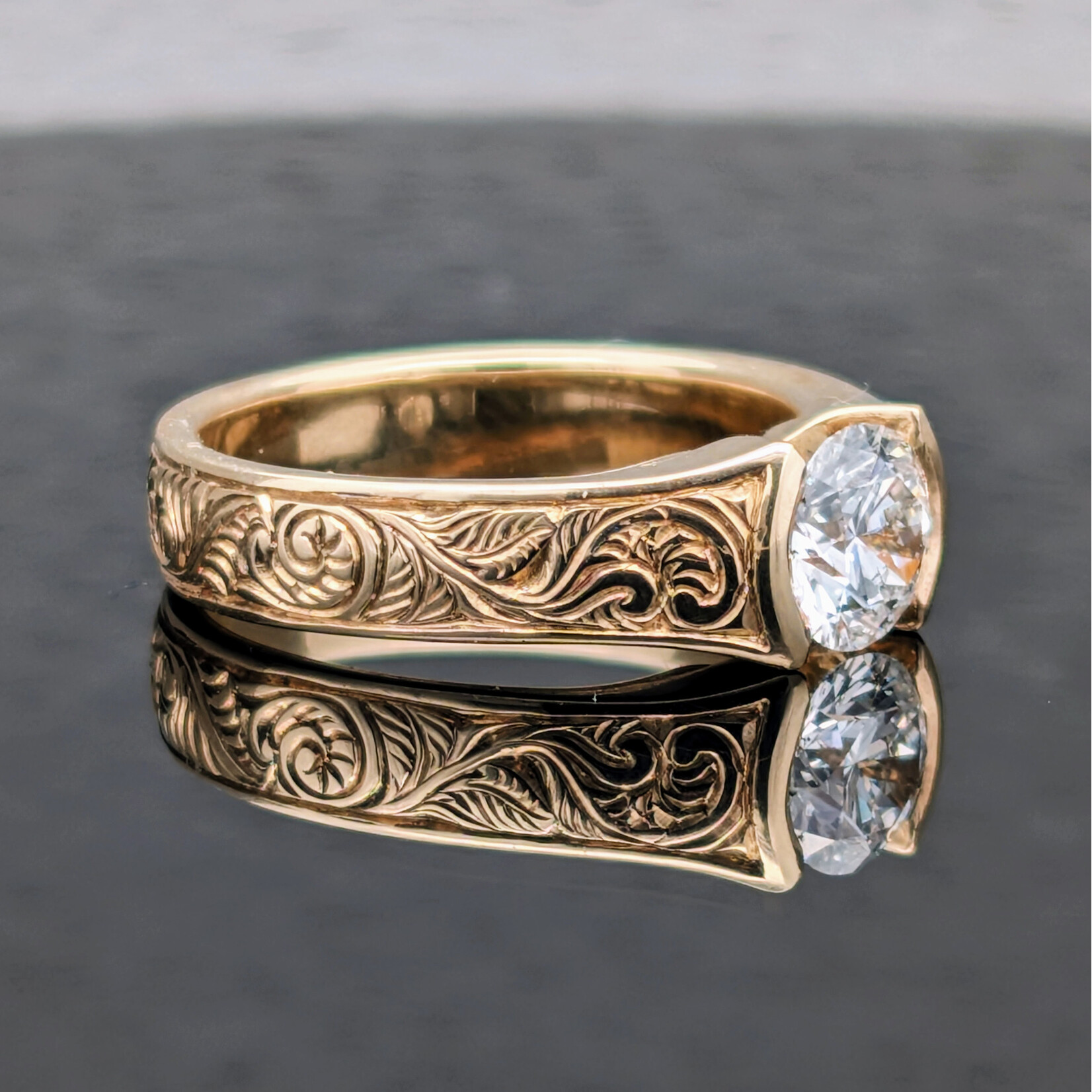 Modern Heirloom® Bridge Solitaire Ring, 1.00ct, Fiddlehead, Sz7.25, 14KY