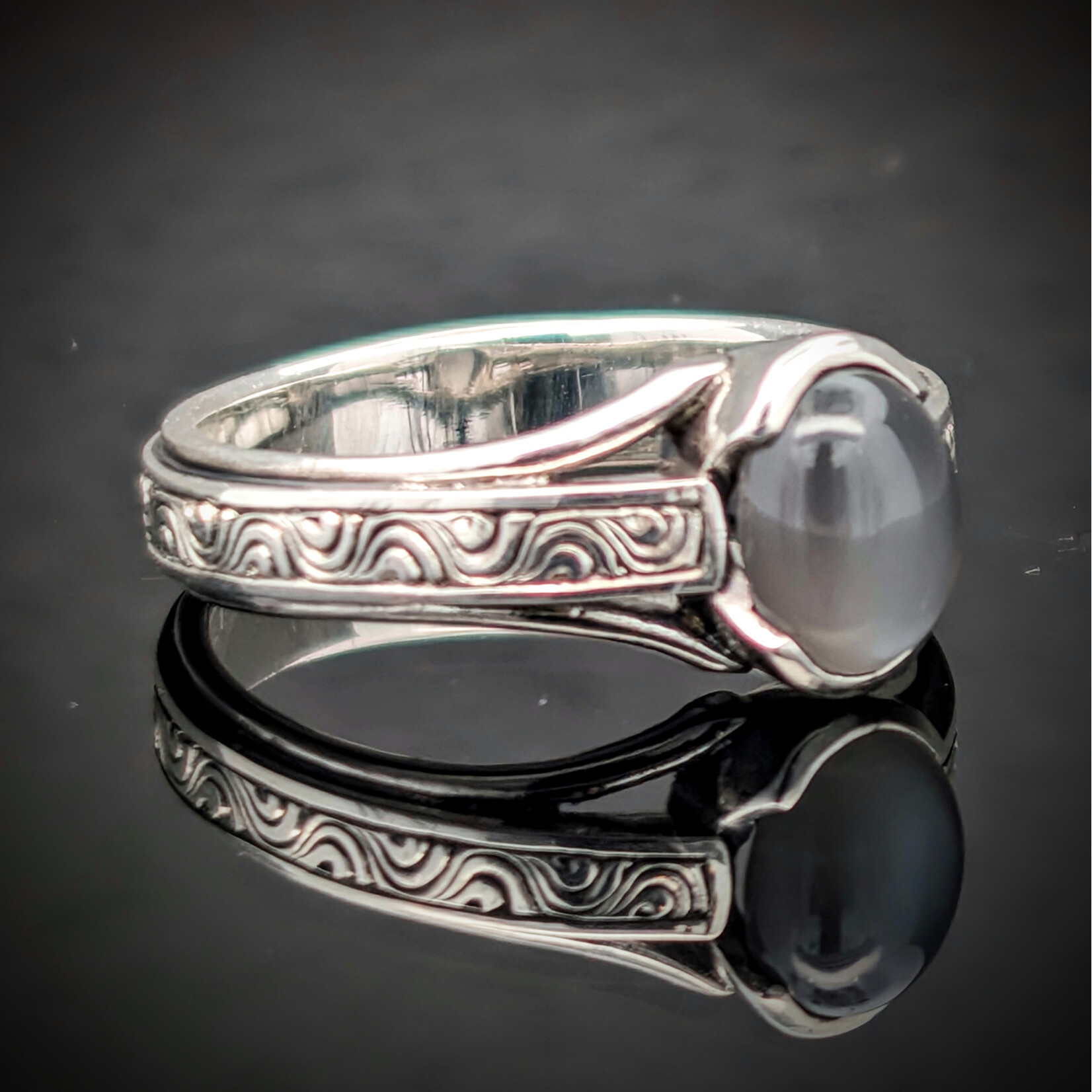 Modern Heirloom® Arcadian Ring, Black Moonstone & Engraved Sterling