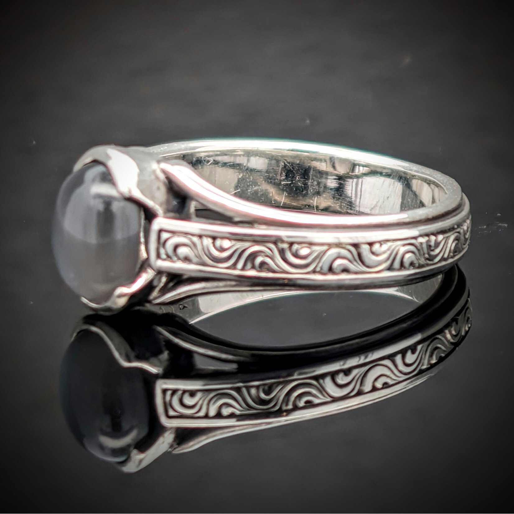 Modern Heirloom® Arcadian Ring, Black Moonstone & Engraved Sterling