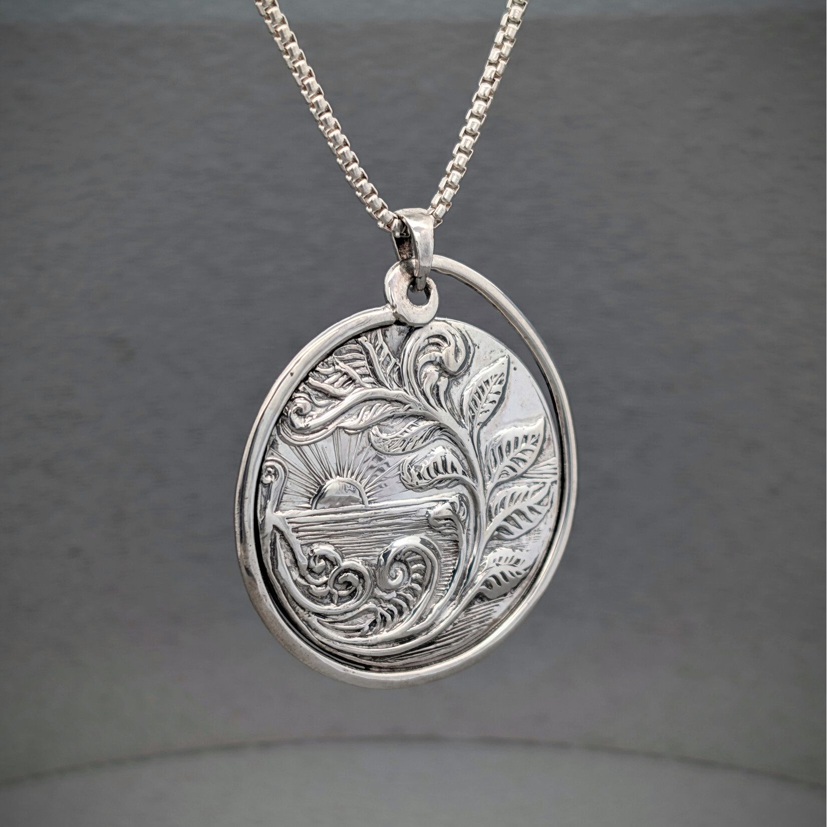 Modern Heirloom® Embossed Sunset by the Sea, 35mm Sterling Silver Medallion