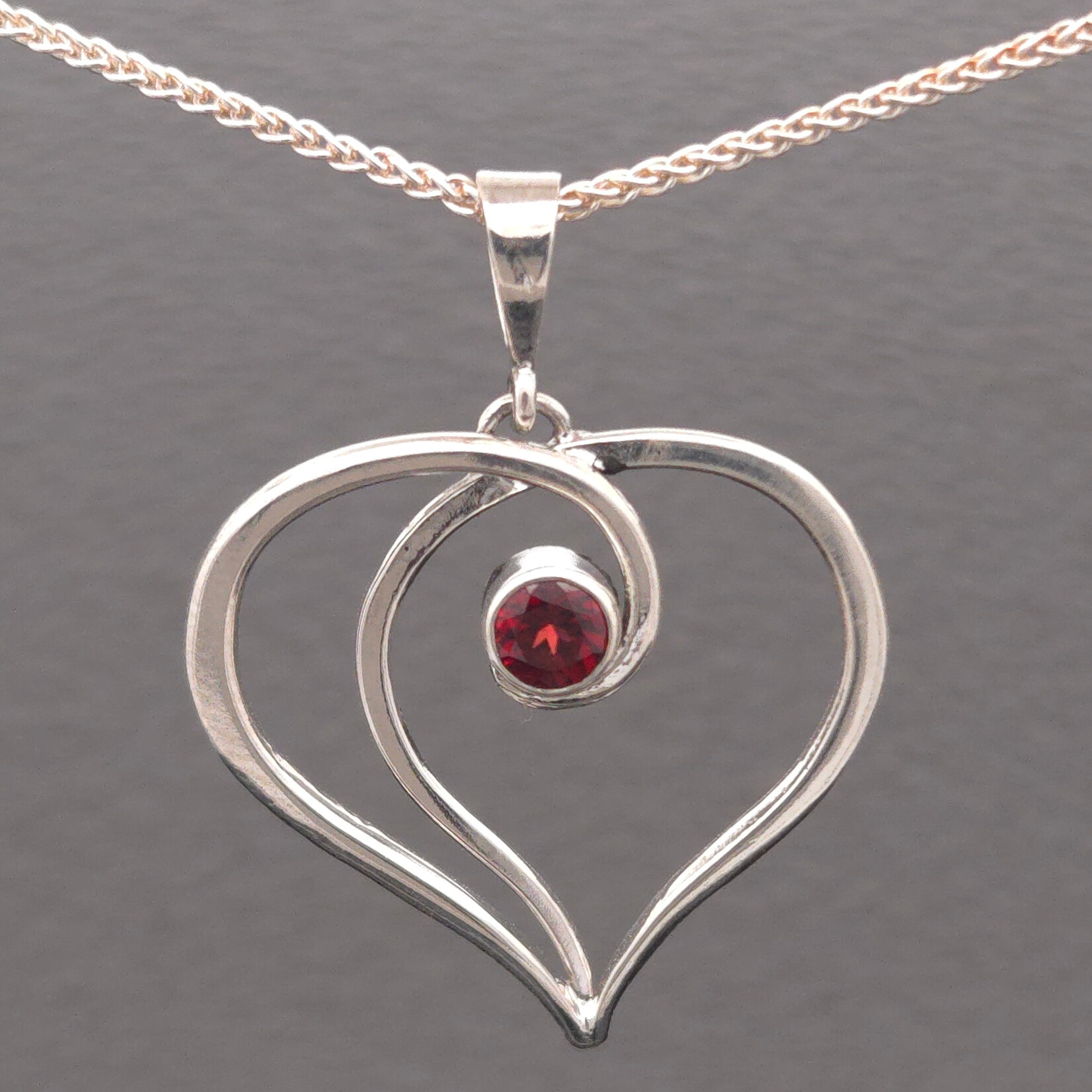 Modern Heirloom® Heart Forged Necklace with 5mm Garnet on a 22" Spiga chain