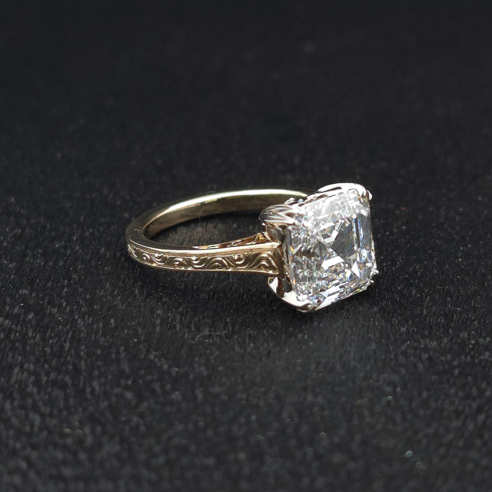 Modern Heirloom® Two-Tone Gold Engraved Solitaire w/ 4.41 Carat Asscher Cut Diamond