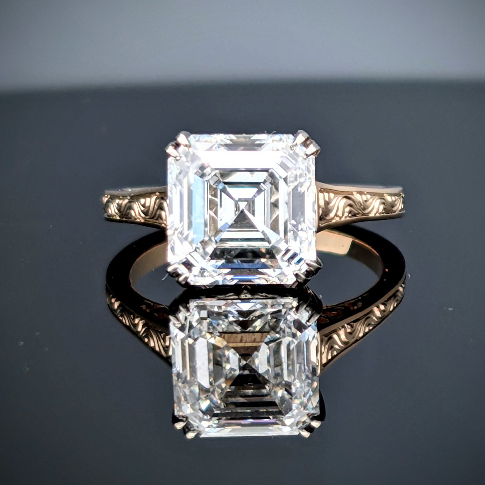 Modern Heirloom® Two-Tone Gold Engraved Solitaire w/ 4.41 Carat Asscher Cut Diamond