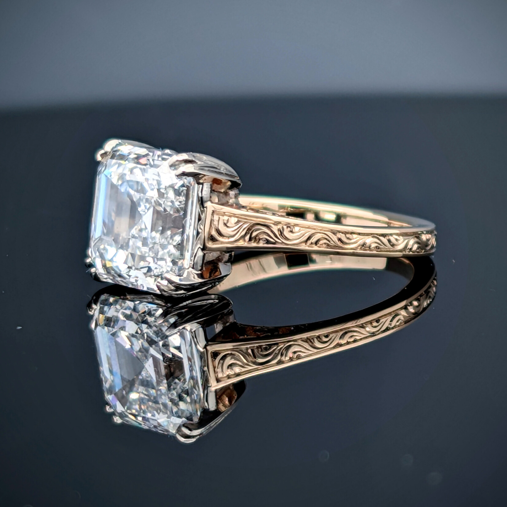 Modern Heirloom® Two-Tone Gold Engraved Solitaire w/ 4.41 Carat Asscher Cut Diamond