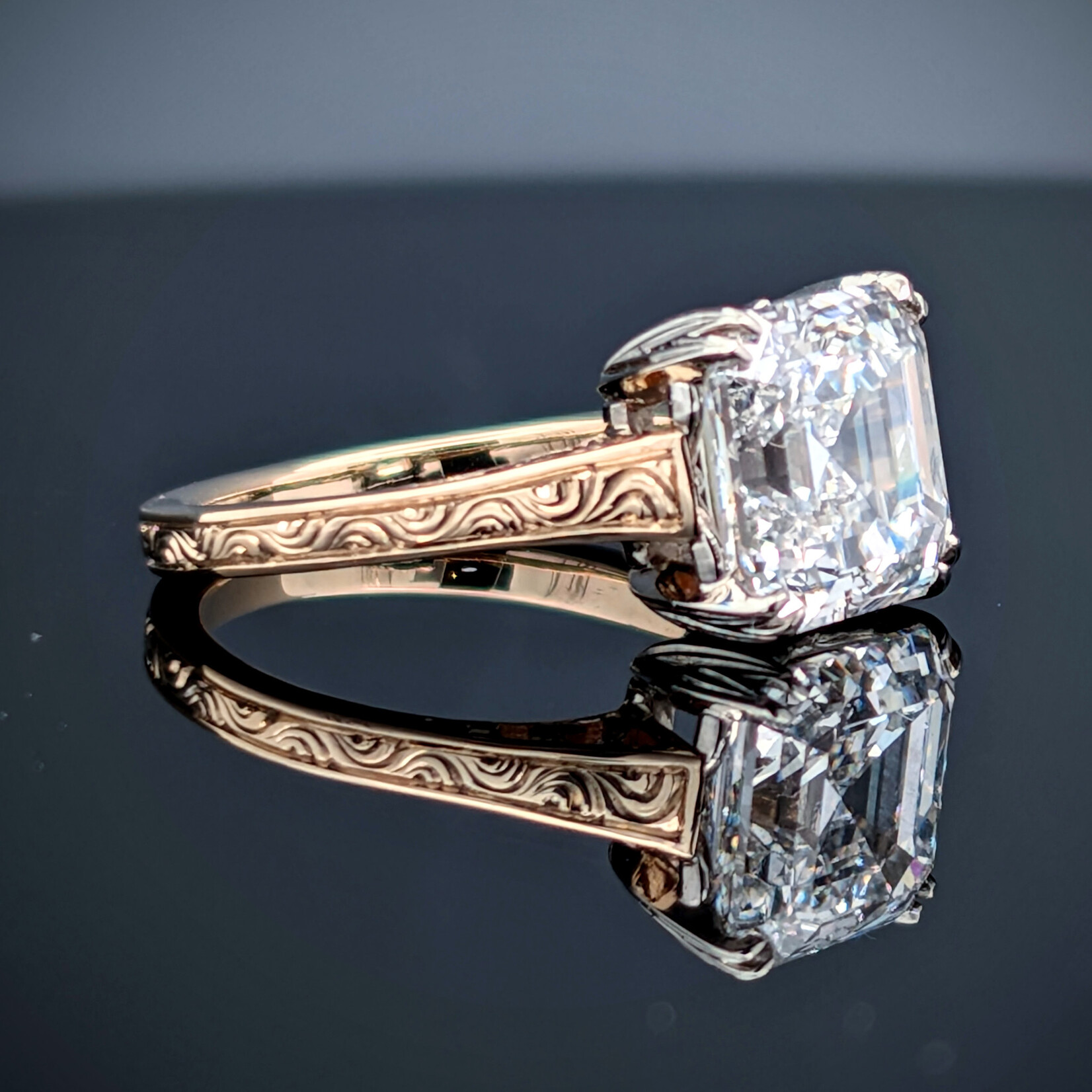 Modern Heirloom® Two-Tone Gold Engraved Solitaire w/ 4.41 Carat Asscher Cut Diamond