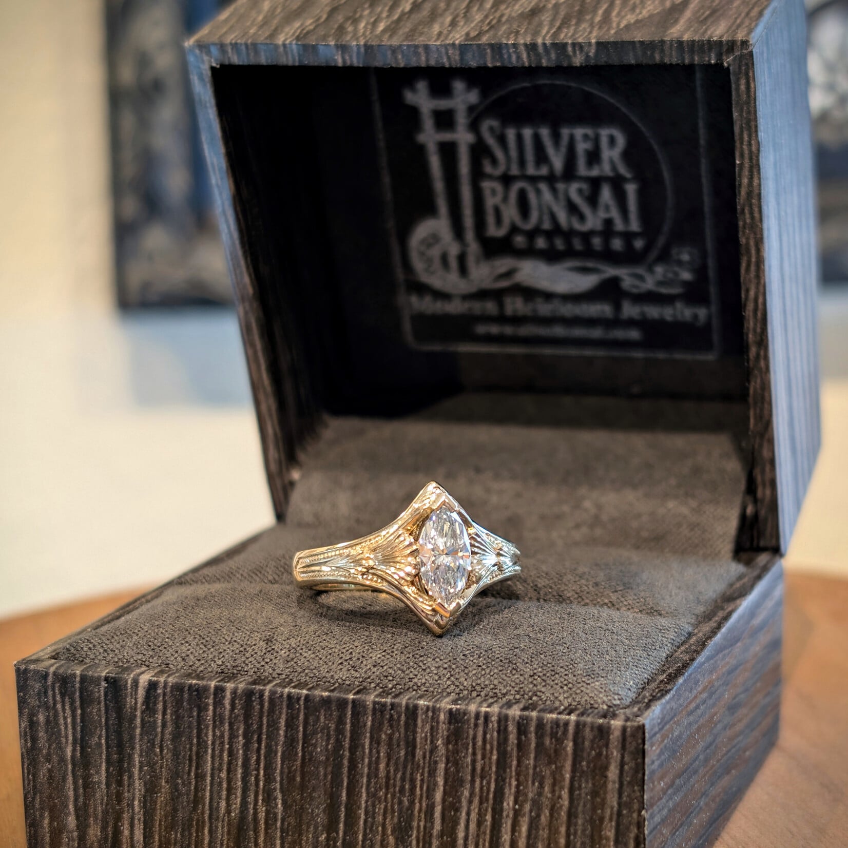 Modern Heirloom® Marquise Ginkgo Filigree Ring, 0.61ct Diamond and 14K Yellow Gold