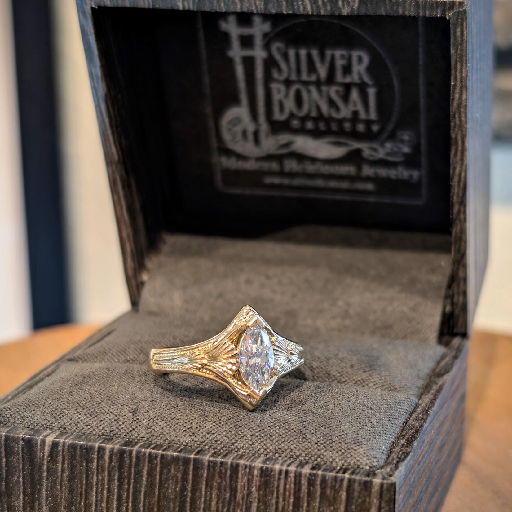 Modern Heirloom® Marquise Ginkgo Filigree Ring, 0.61ct Diamond and 14K Yellow Gold