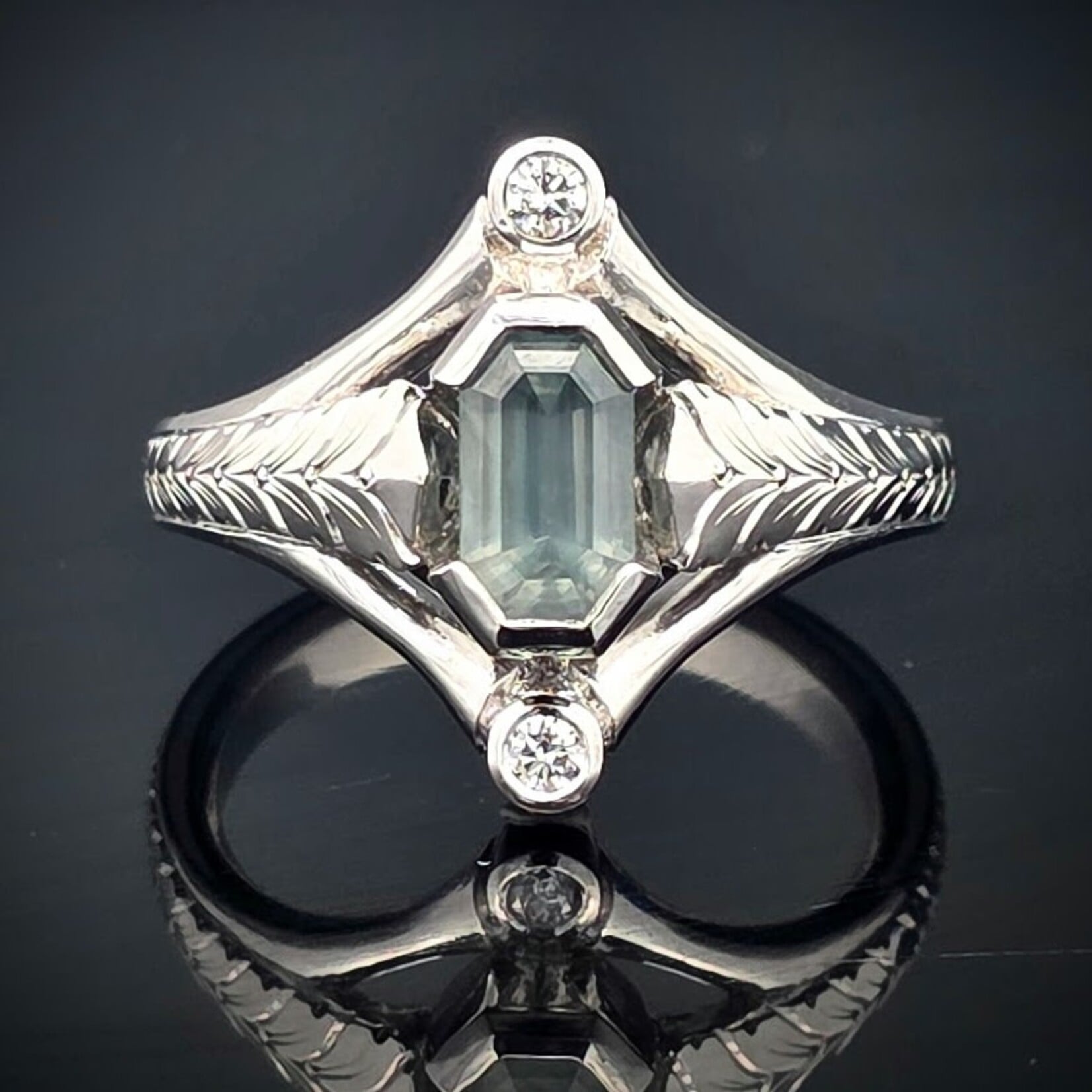 Modern Heirloom® Modern Heirloom® Montana Sapphire Platinum Solitaire Ring w/ Wheatleaf Engraving