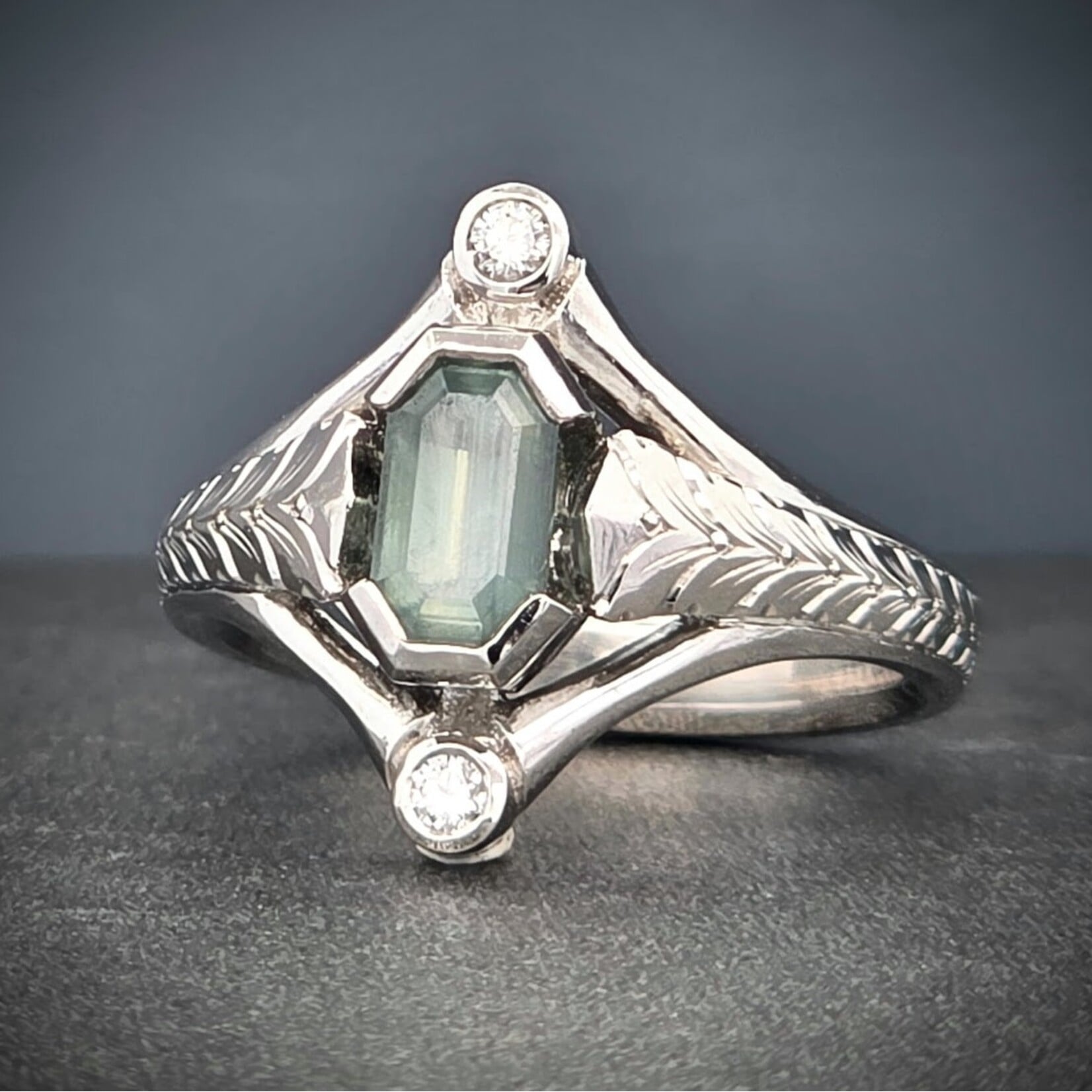 Modern Heirloom® Modern Heirloom® Montana Sapphire Platinum Solitaire Ring w/ Wheatleaf Engraving