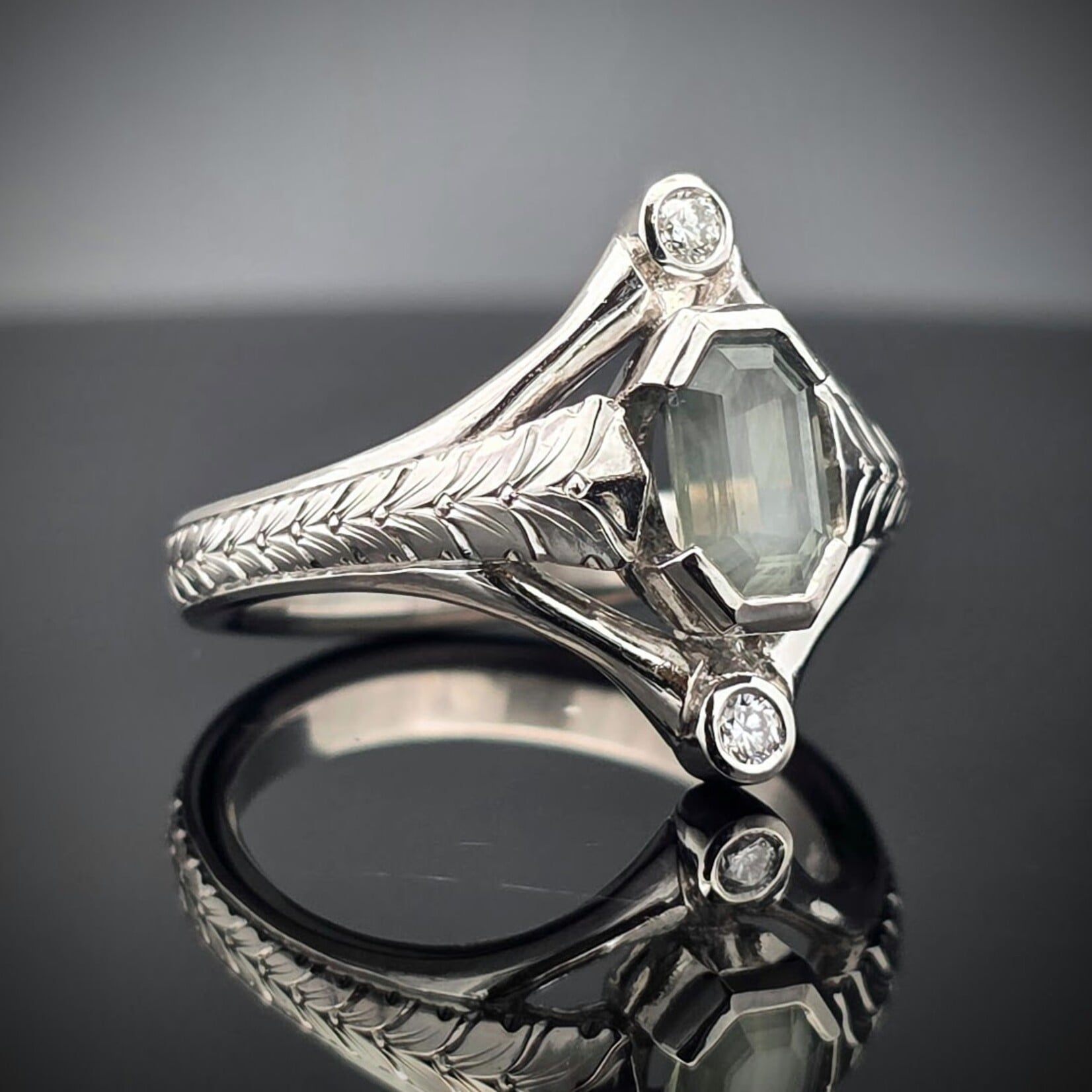 Modern Heirloom® Modern Heirloom® Montana Sapphire Platinum Solitaire Ring w/ Wheatleaf Engraving