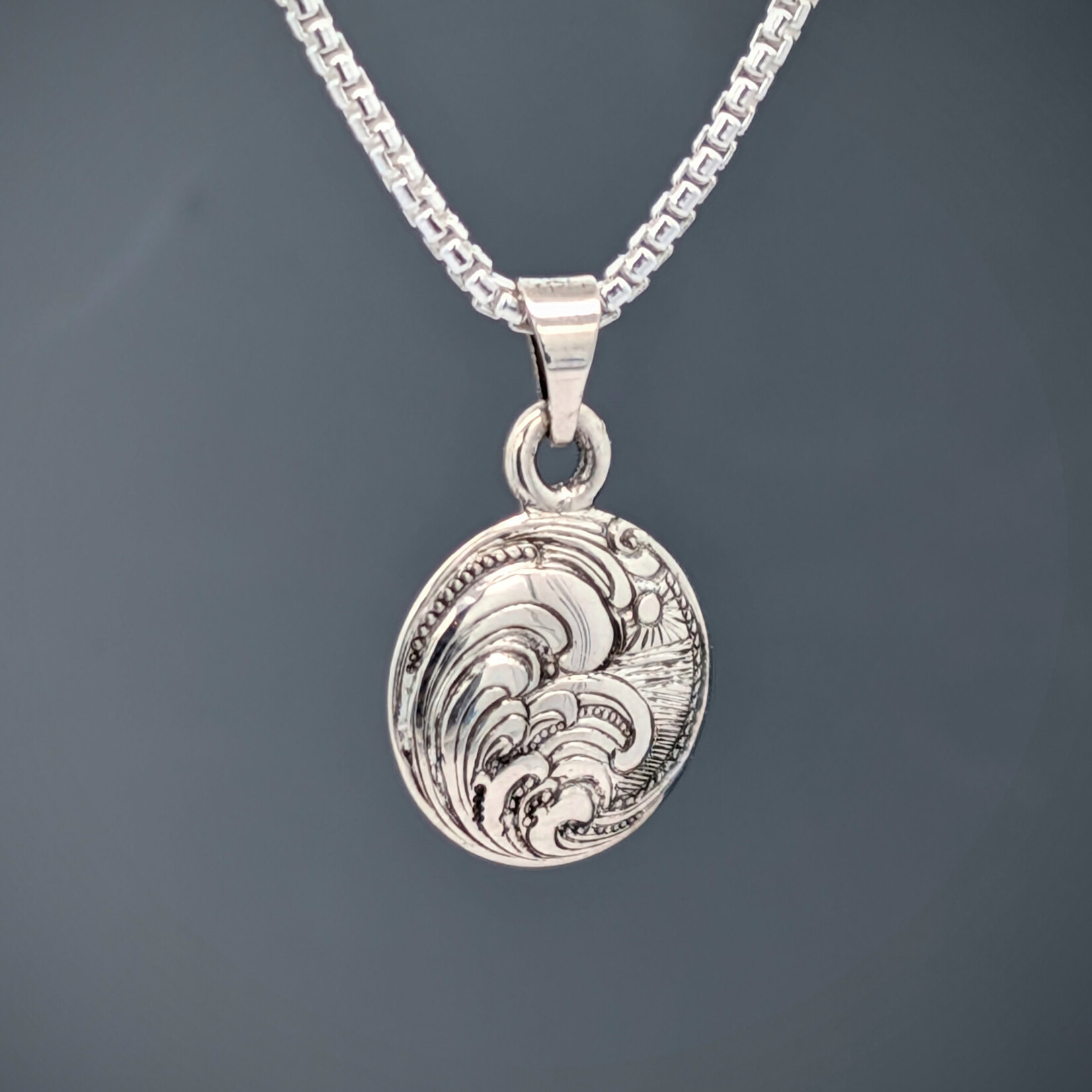 Modern Heirloom® Sunset in the Waves Micro Medallion, Engraved Sterling Silver
