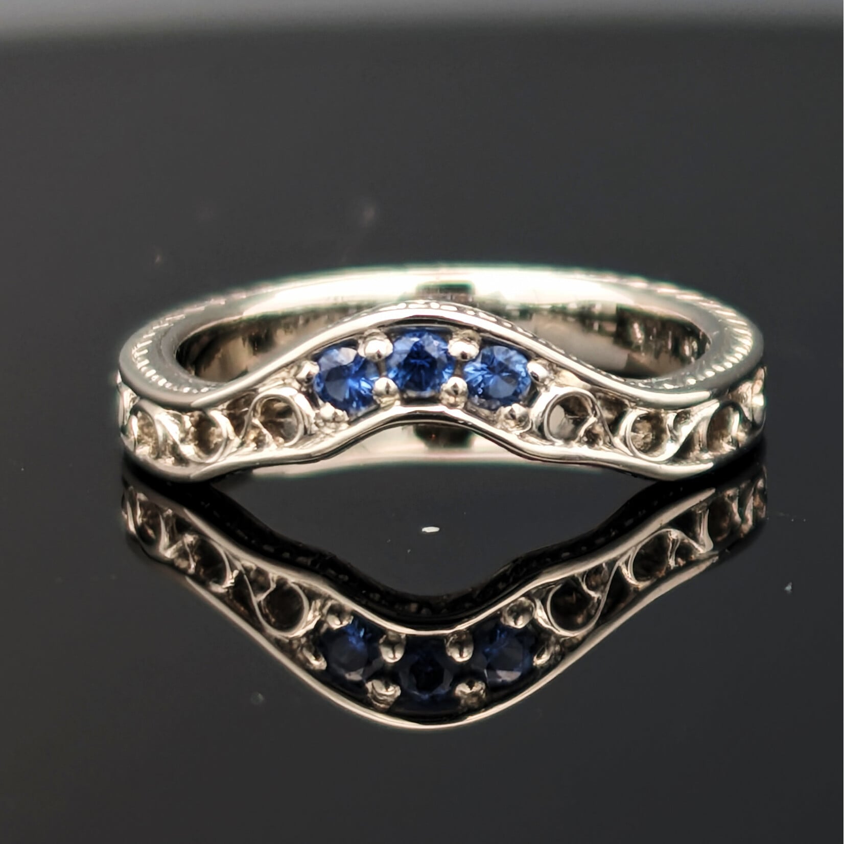 Modern Heirloom® 14KW Engraved Filigree Contour 3-Stone Sapphire Band
