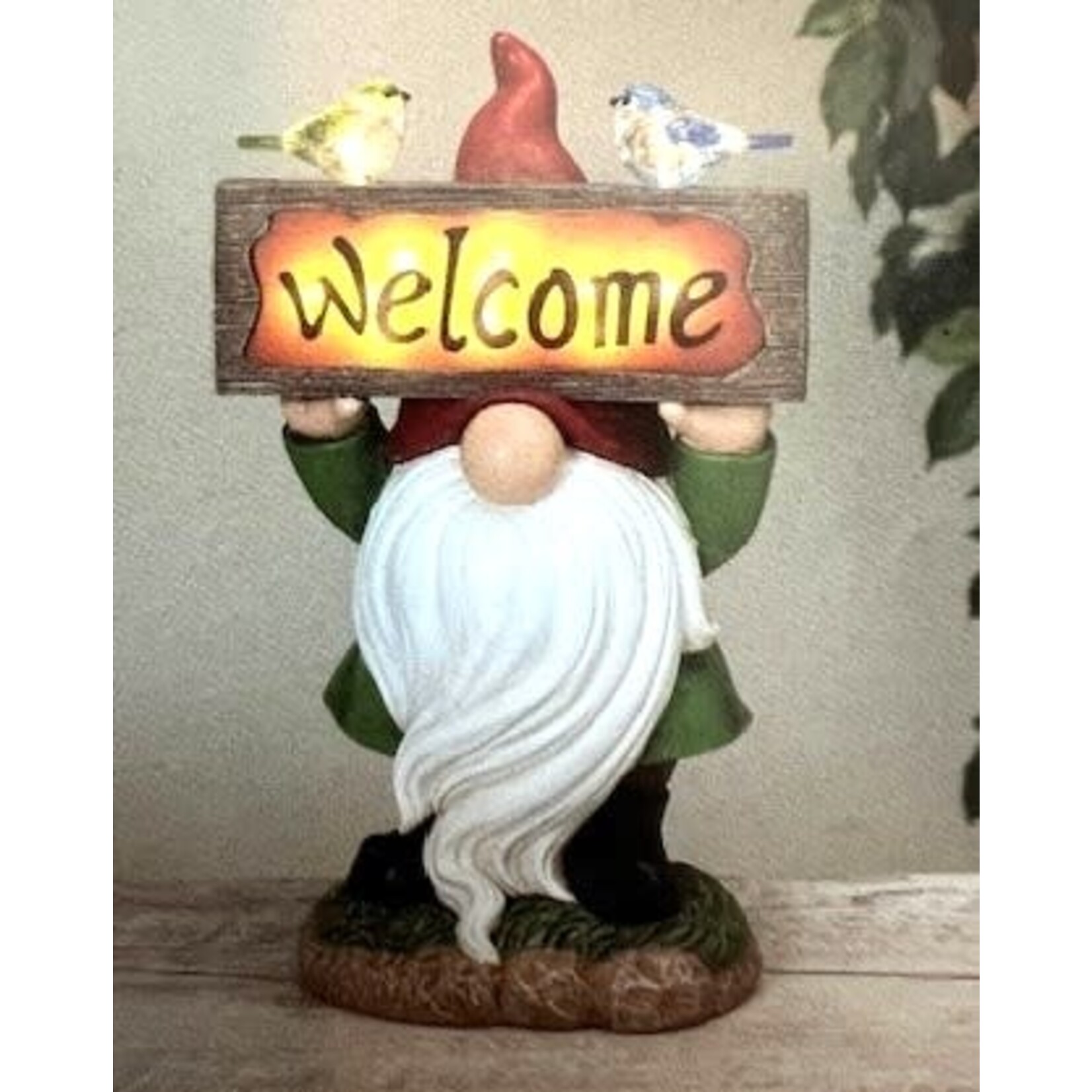 Solar Gnome Holding Welcome Sign