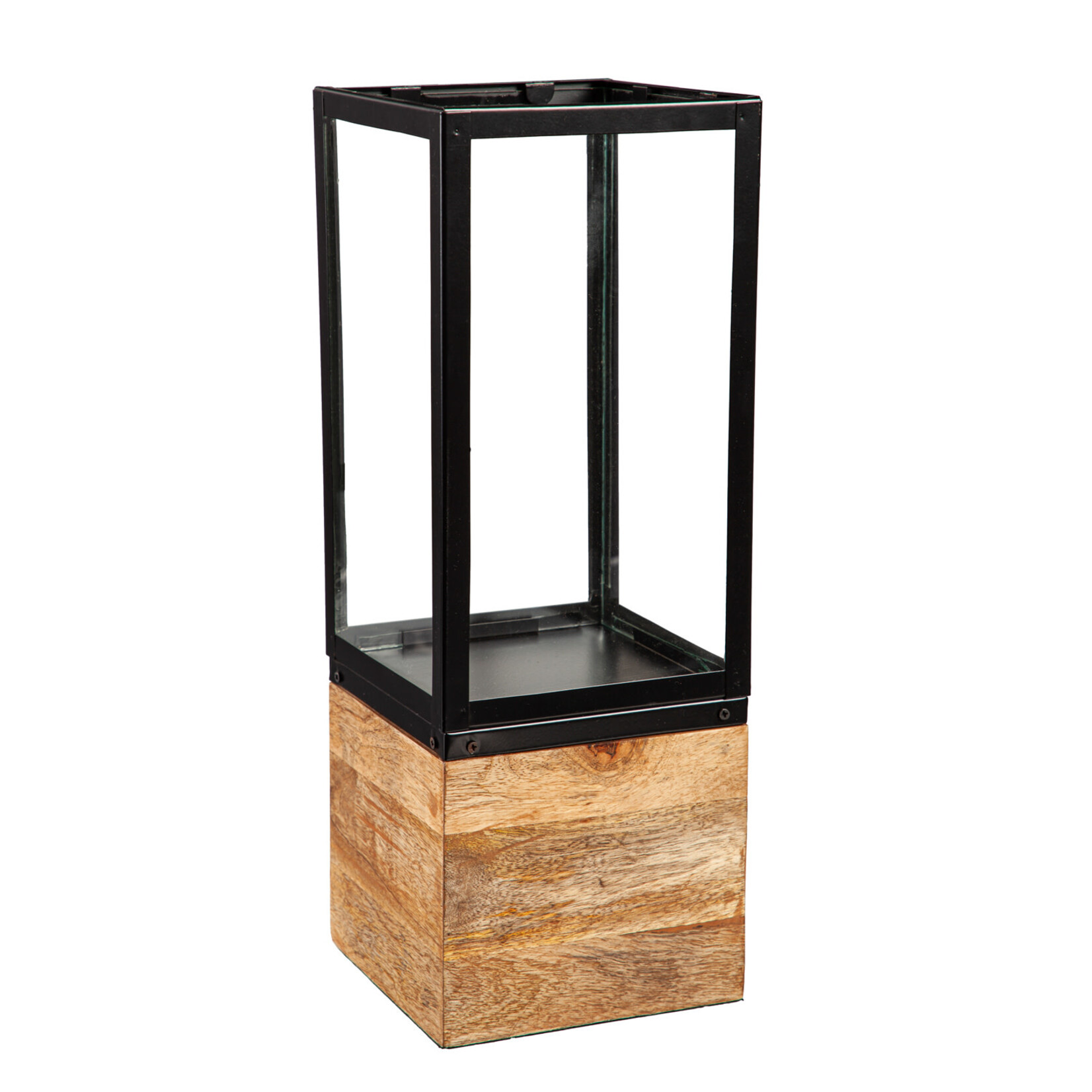 Black Metal Lantern with Wood (16"H)