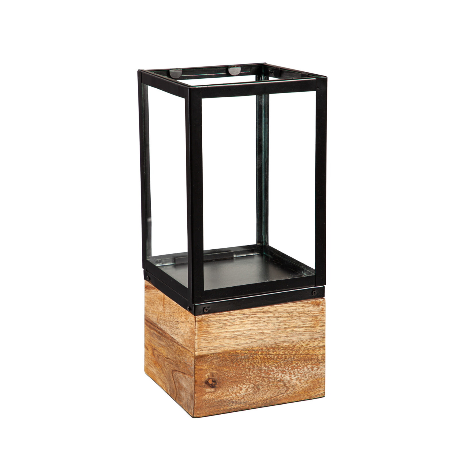 Black Metal Lantern with Wood  (14"H)