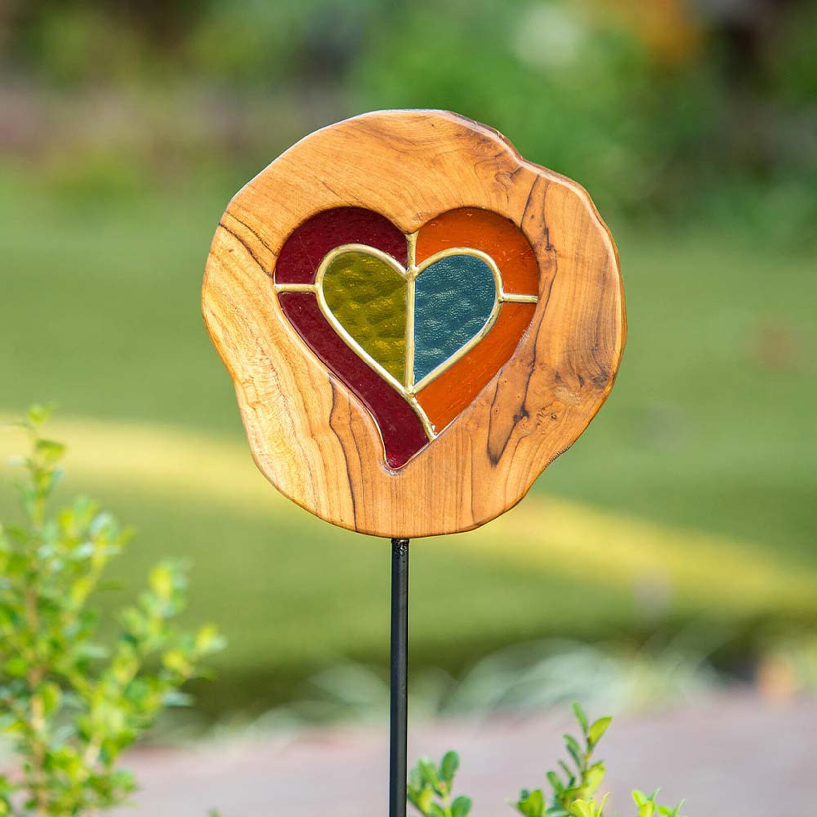 Garden Age Supply Teak Slab Stained Glass Heart Stake