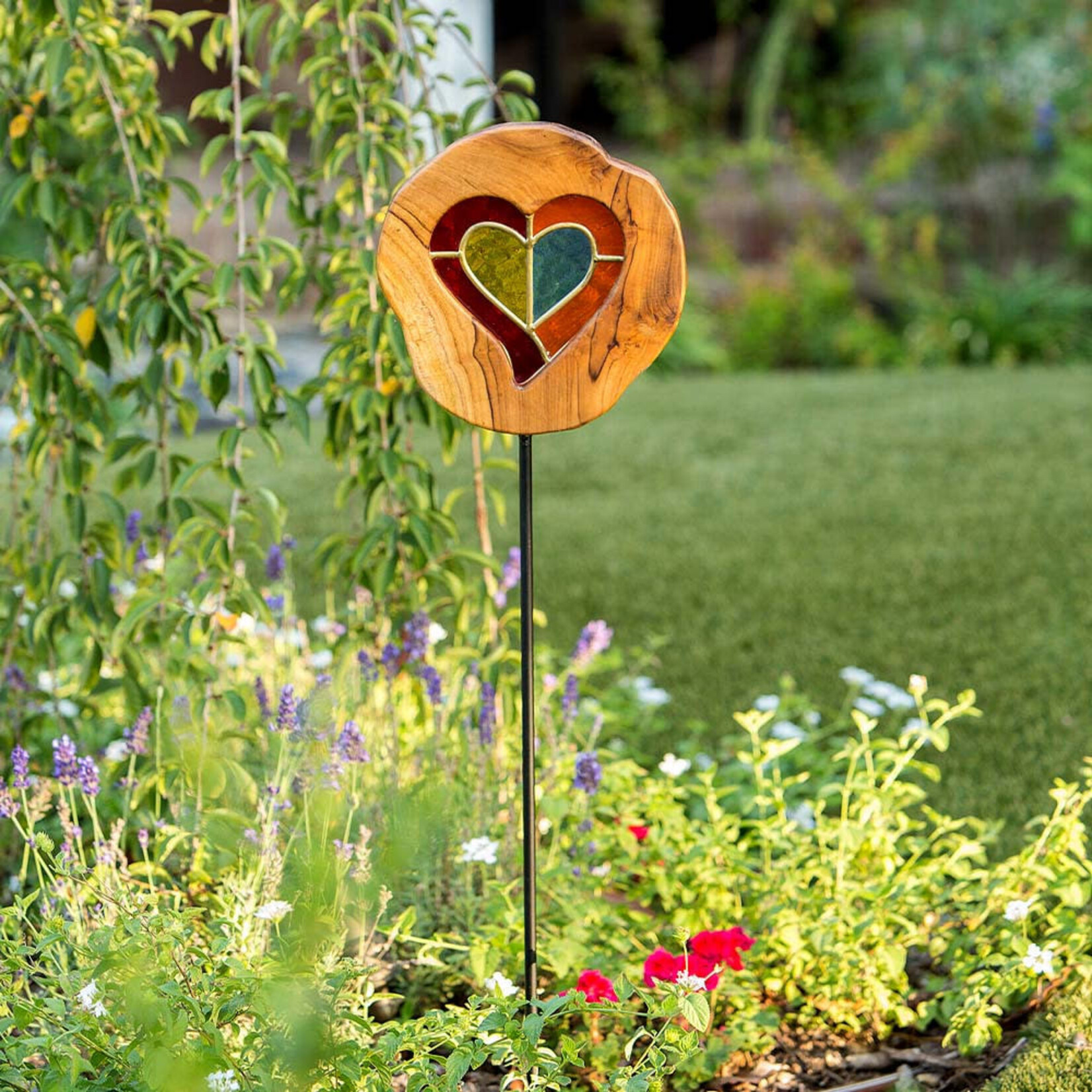 Garden Age Supply Teak Slab Stained Glass Heart Stake