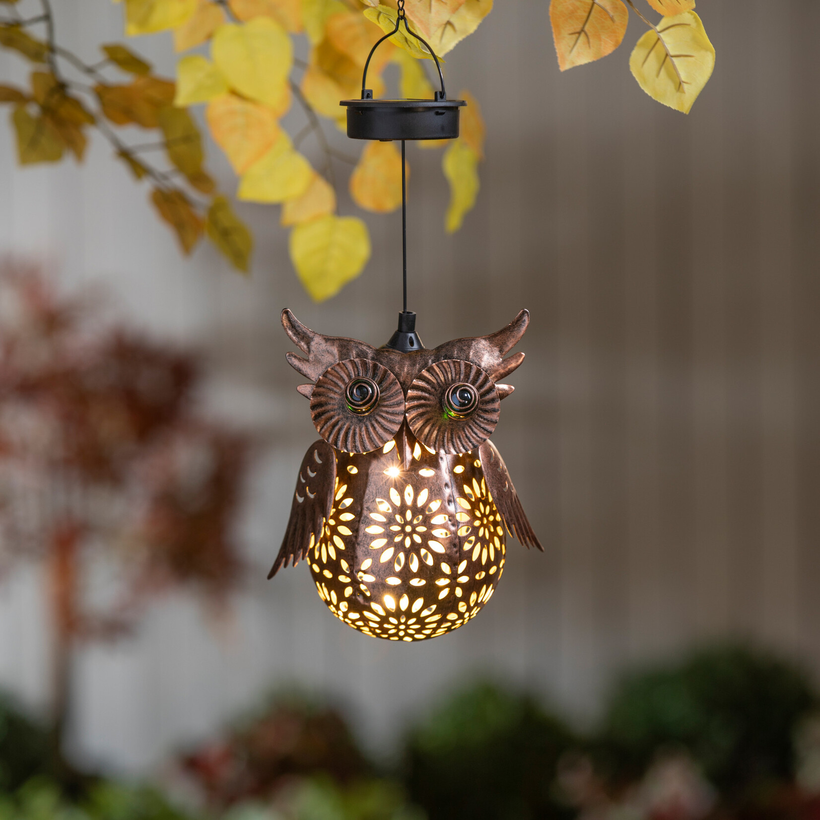 9.5"H Solar Hanging Lantern, Metal Owl