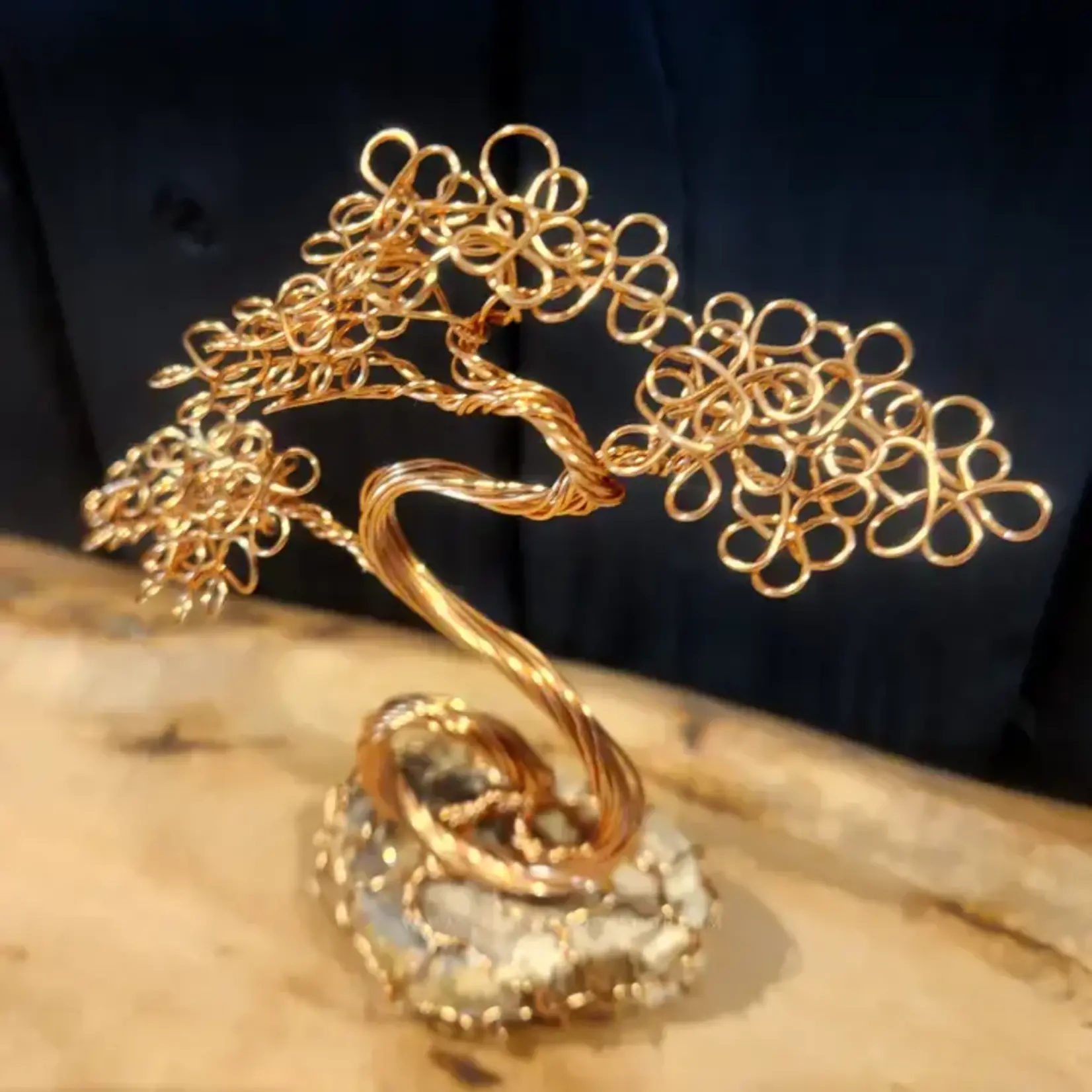 Copper Wire Bonsai Tree Sculpture on Petrified Wood