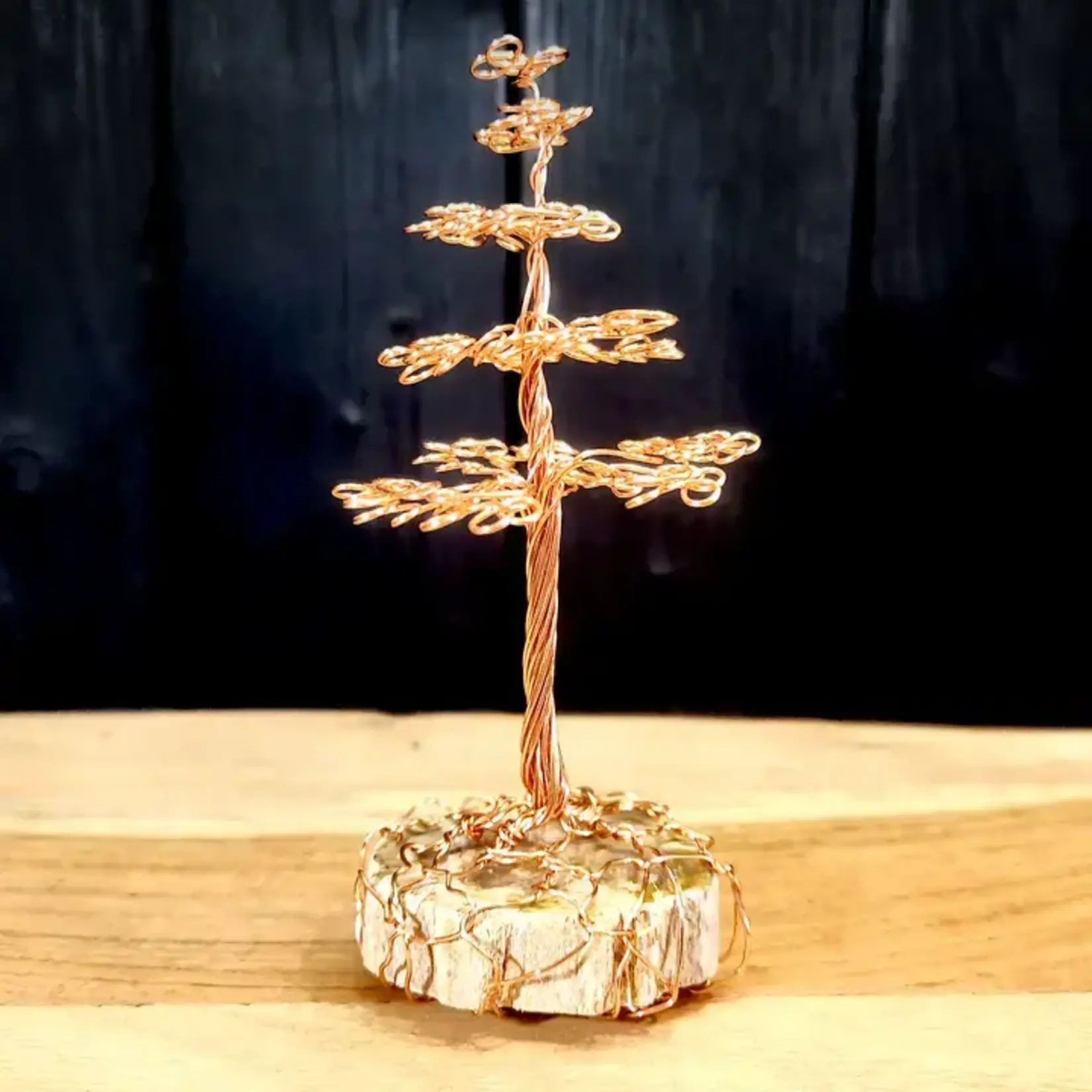 Copper Wire Cedar Tree Sculpture On Petrified Wood - Small