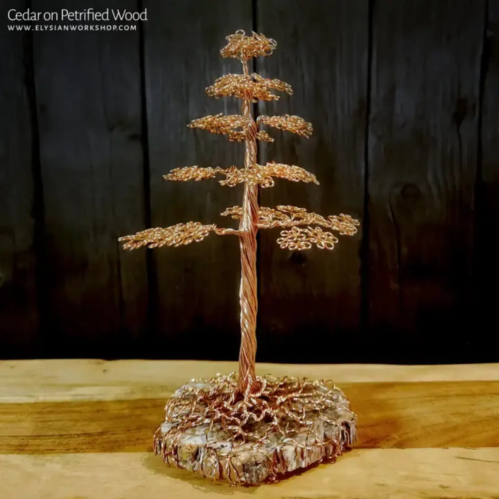 Copper Wire Cedar Tree Sculpture On Petrified Wood - Large