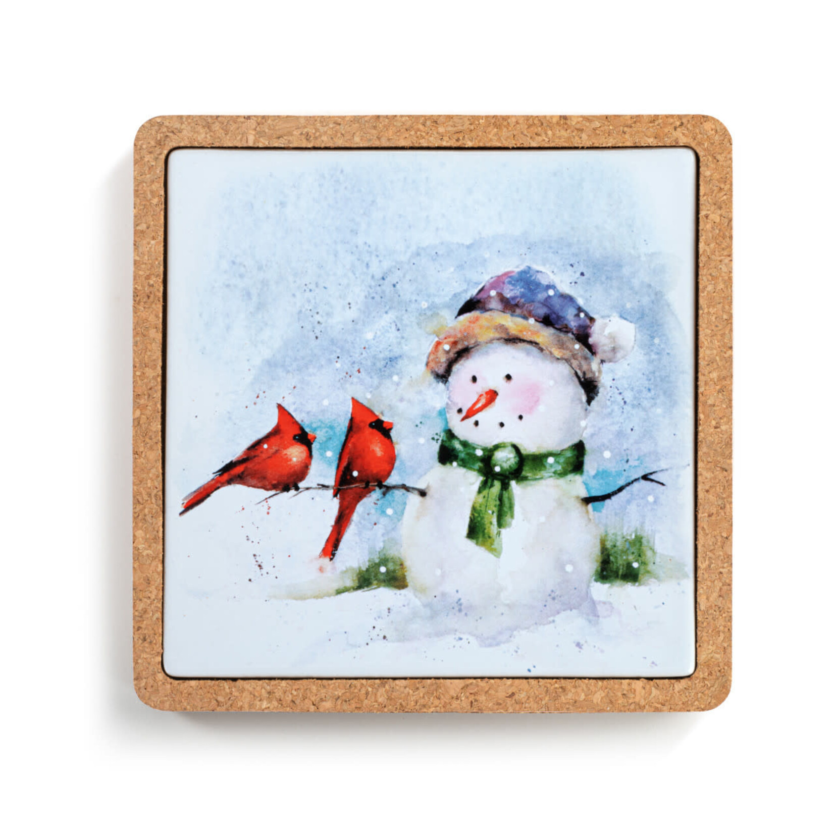 Dean Crouser Snowman and Cardinals Cork Base Trivet