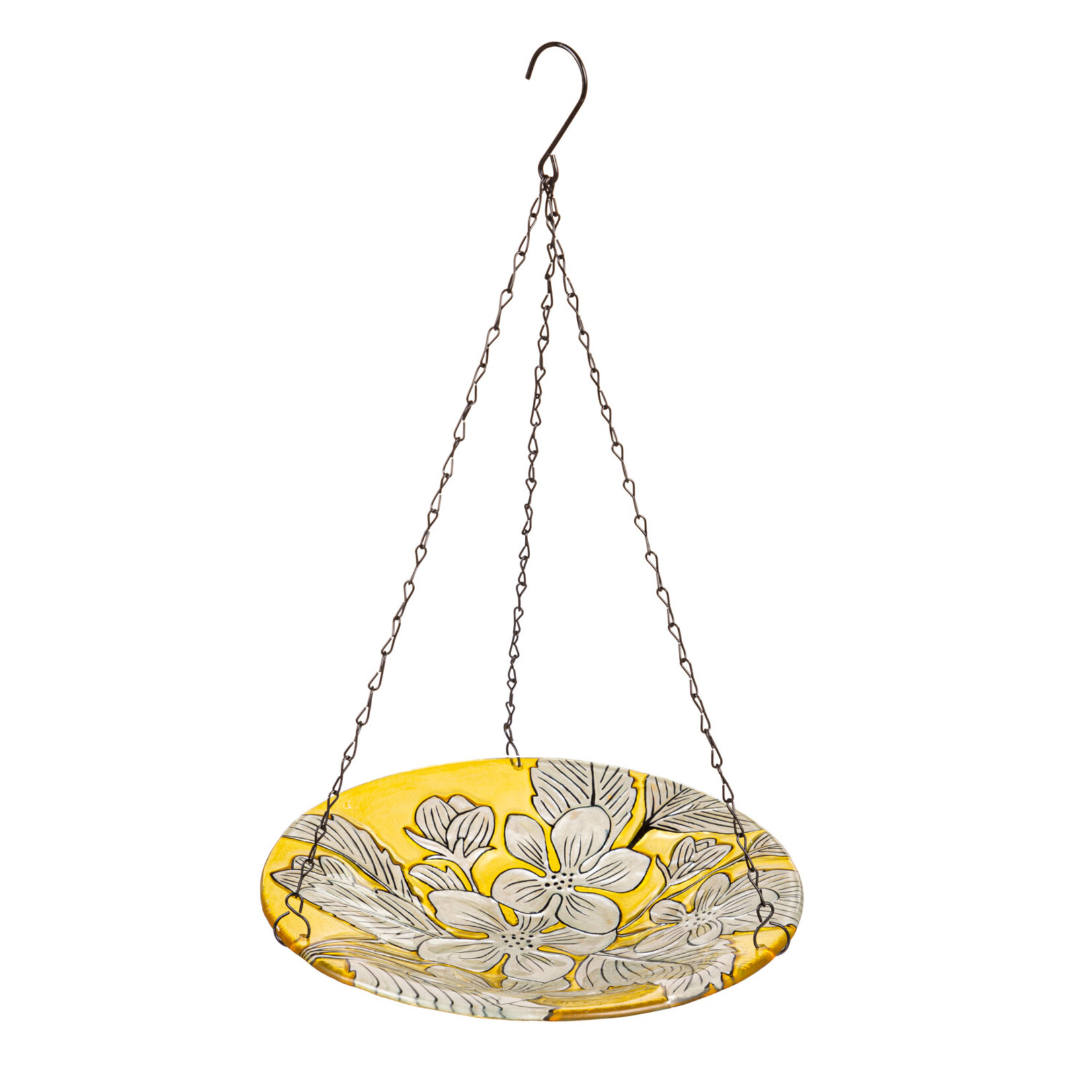 10" Hanging Yellow Floral Glass Bird Feeder 10"