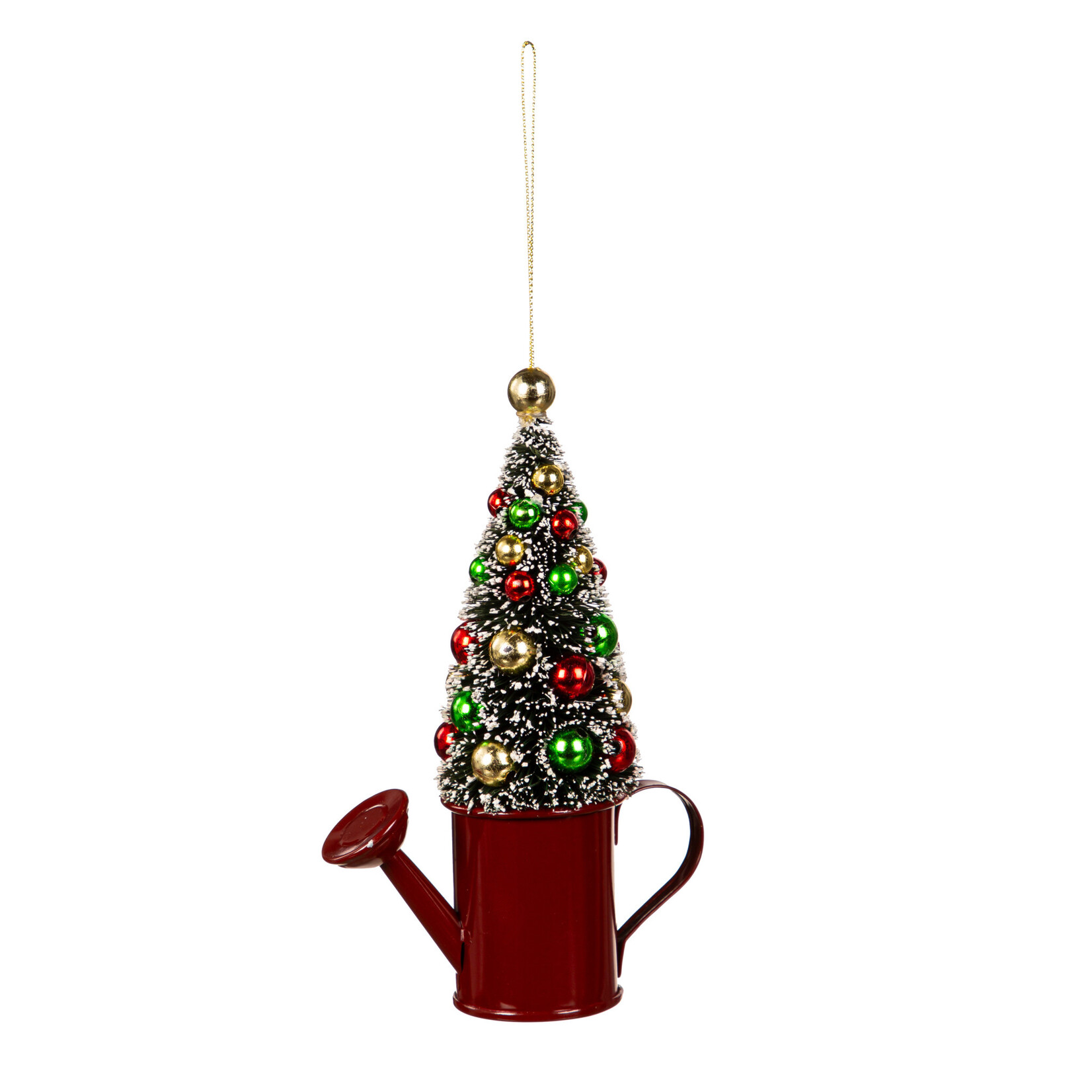 6" Metal Watering Can with Bottle Brush Tree Ornament RED