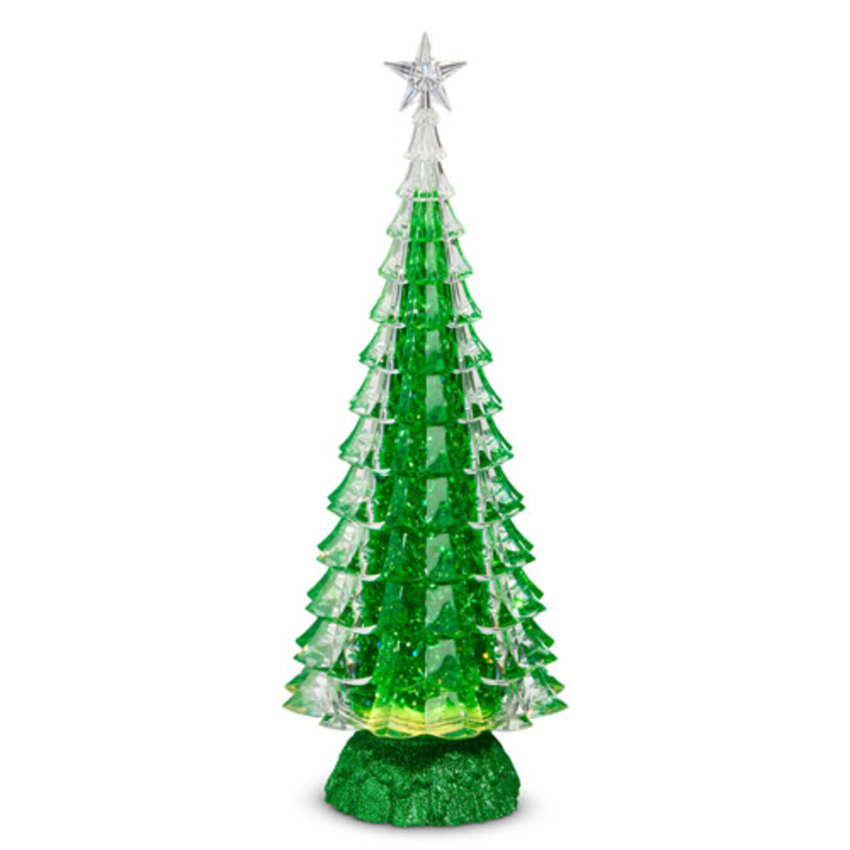 GREEN LIGHTED TREE WITH SWIRLING GLITTER