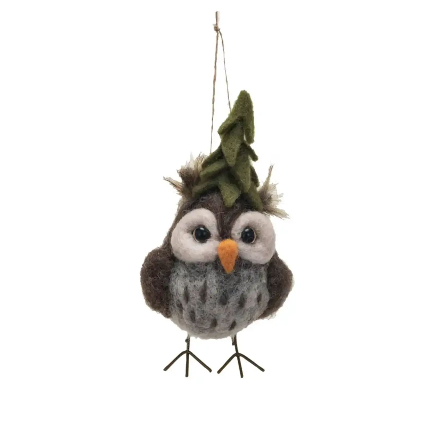 Handmade Wool Felt Owl w/ Tree Hat Ornament,