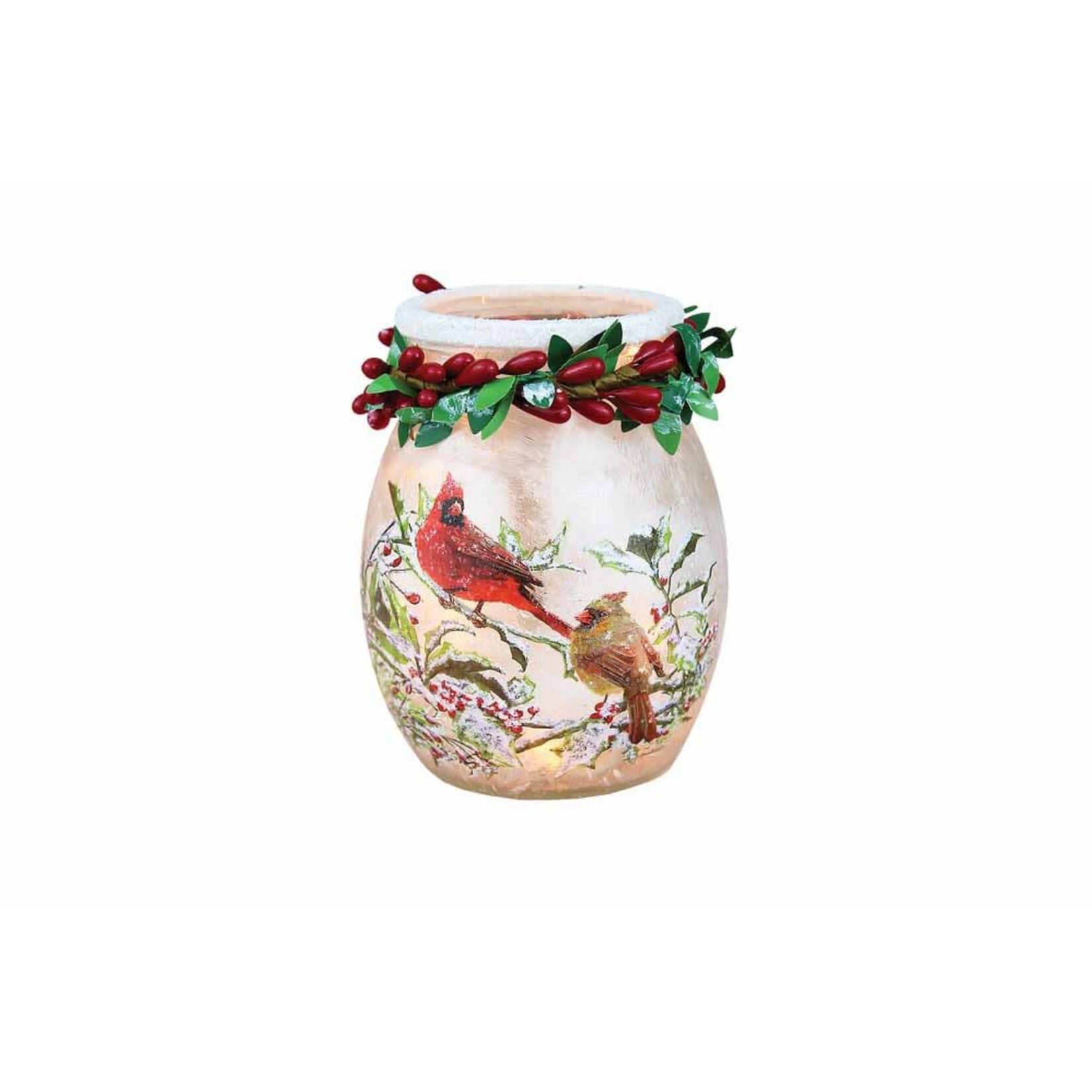 Holly & Cardinals Pre-Lit Small Jar