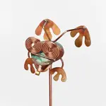 Wild eyed leaping frog. Small 2.5" wide body on a 36” garden stake. Can also display without the stake and sit on a table or desk. Details  •  Made in United States