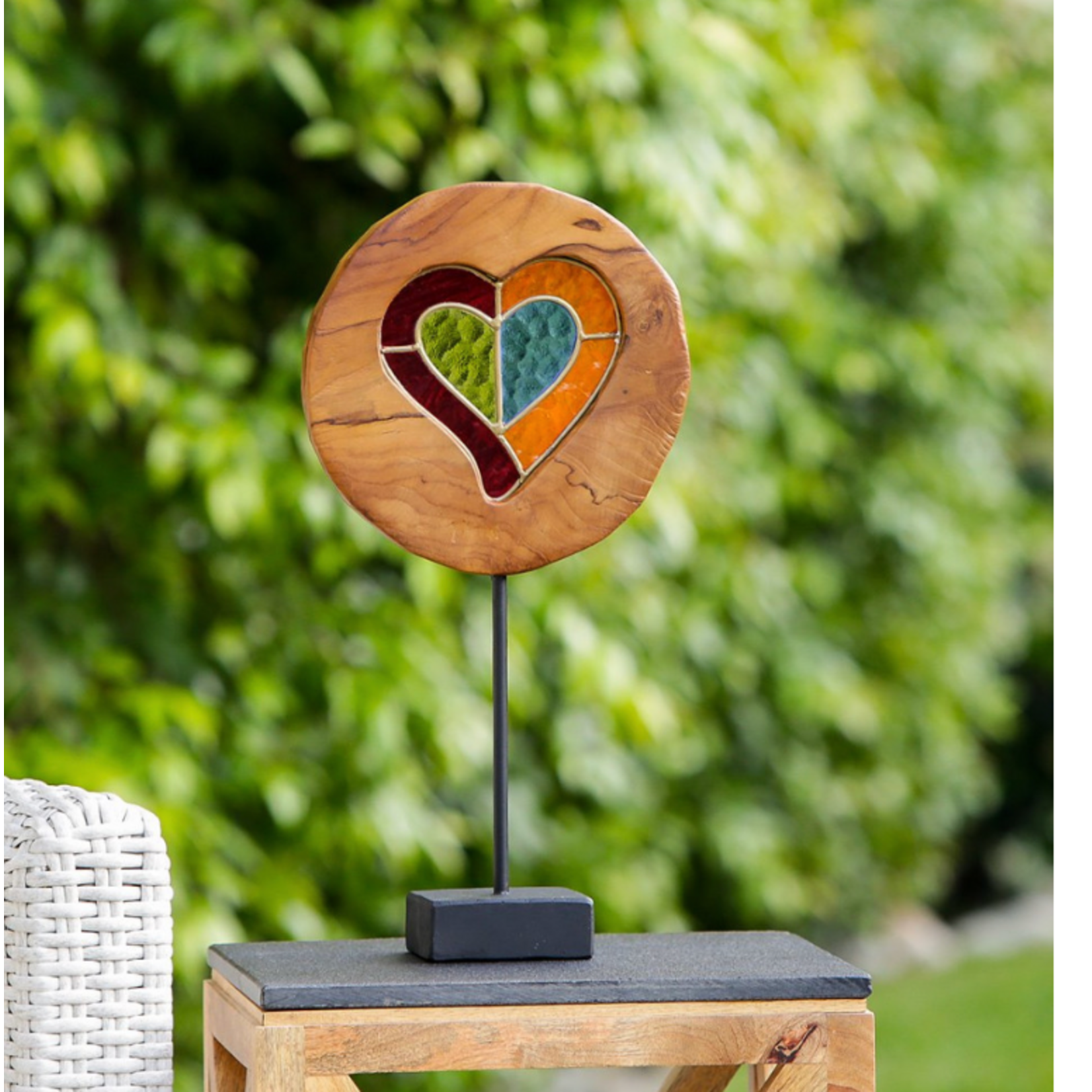 Teak Slab Stained Glass Heart