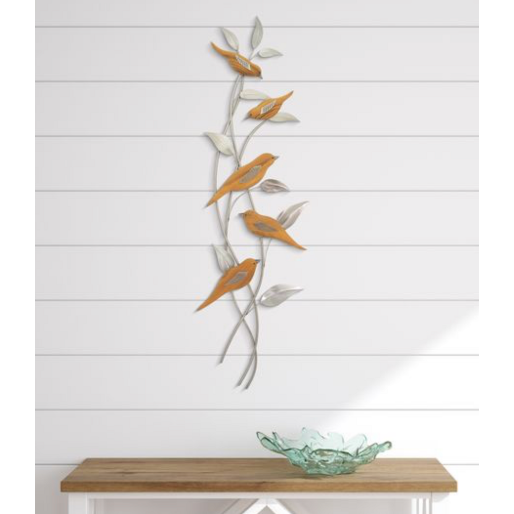 T.I. Designs Teak Songbirds on Vine-Vertical-Metal Art