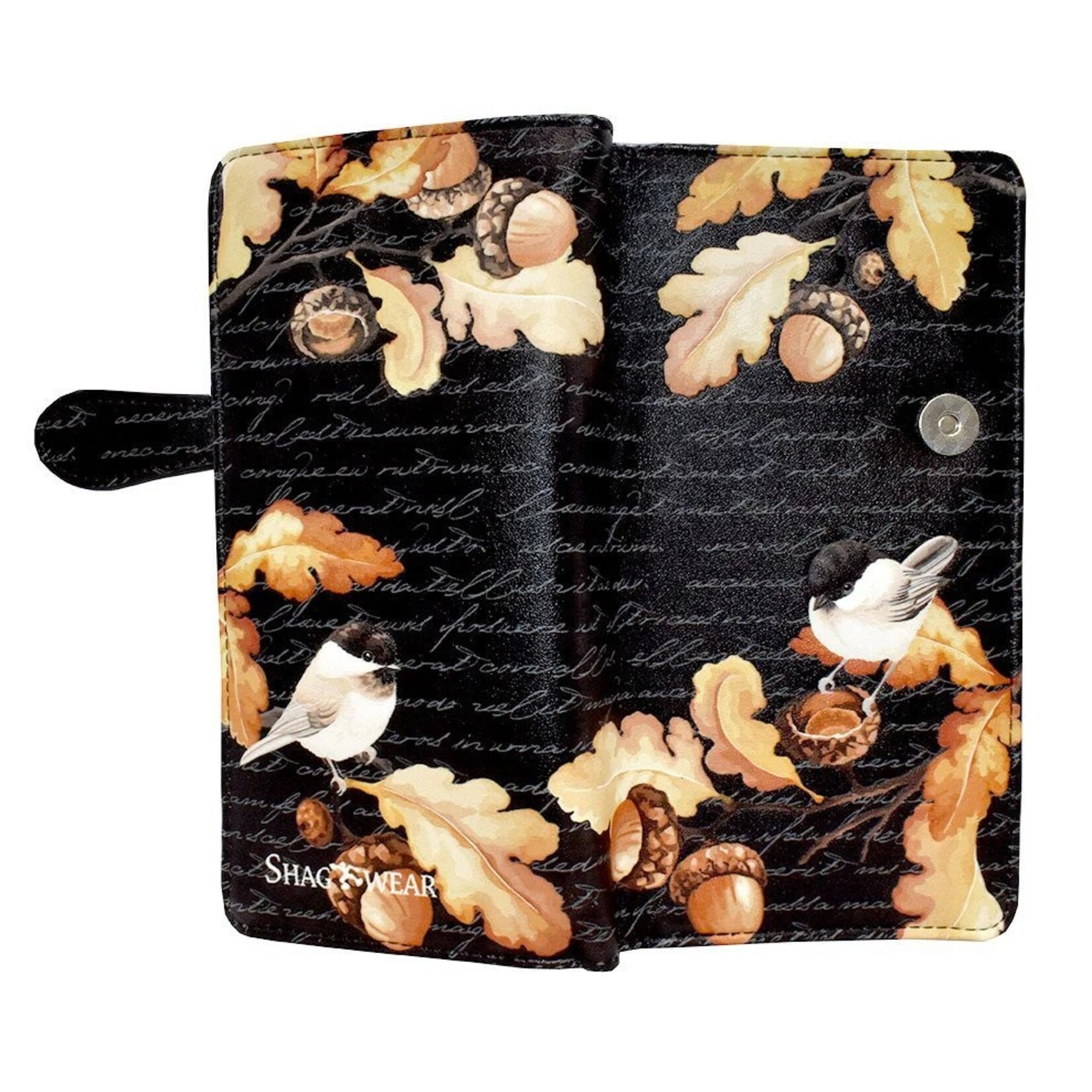Shag Wear Chickadees Acorns Large  Wallet / Black/ With Zipper