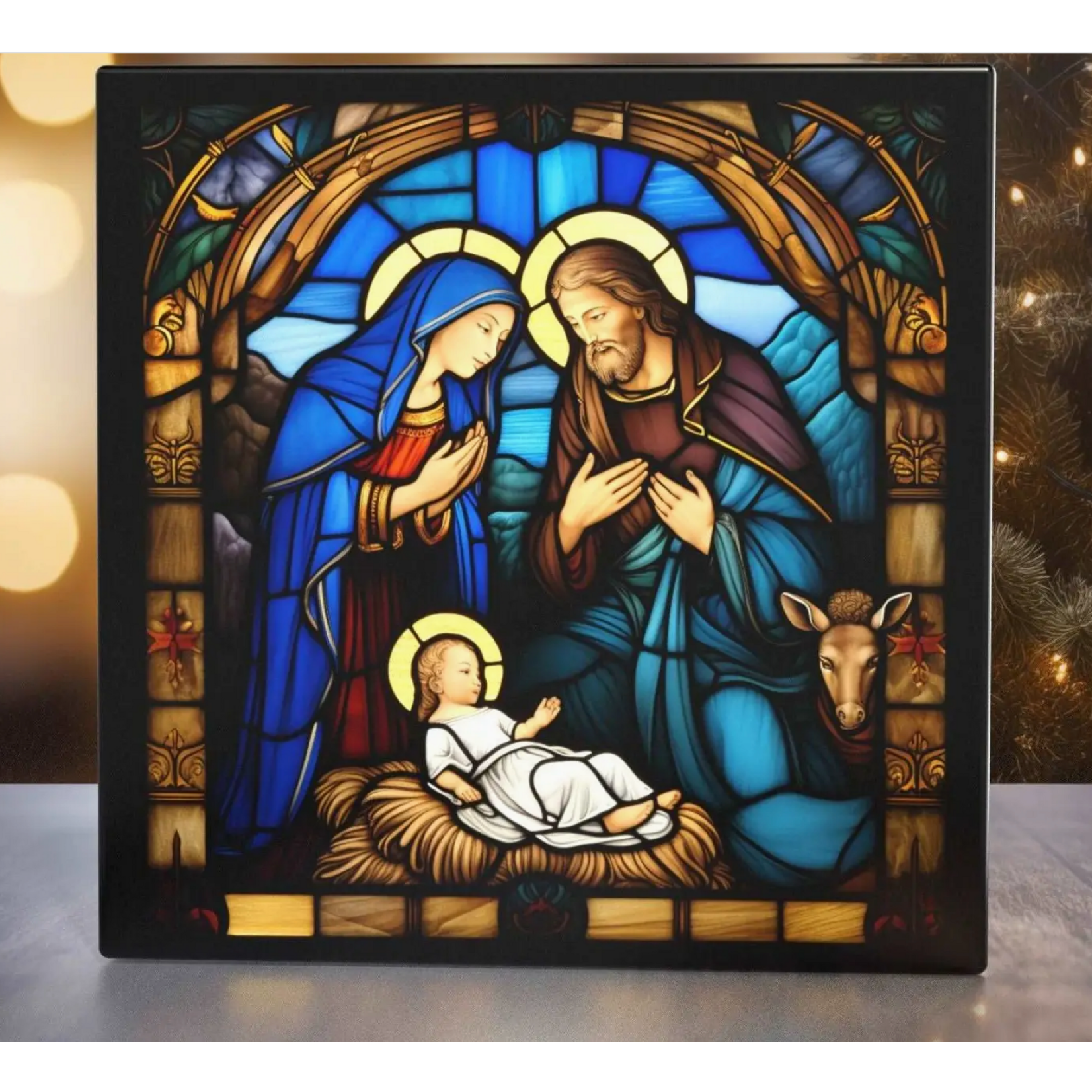 Peeping Toms Cabin Divine Nativity Scene - Stained Glass Style Art Tile