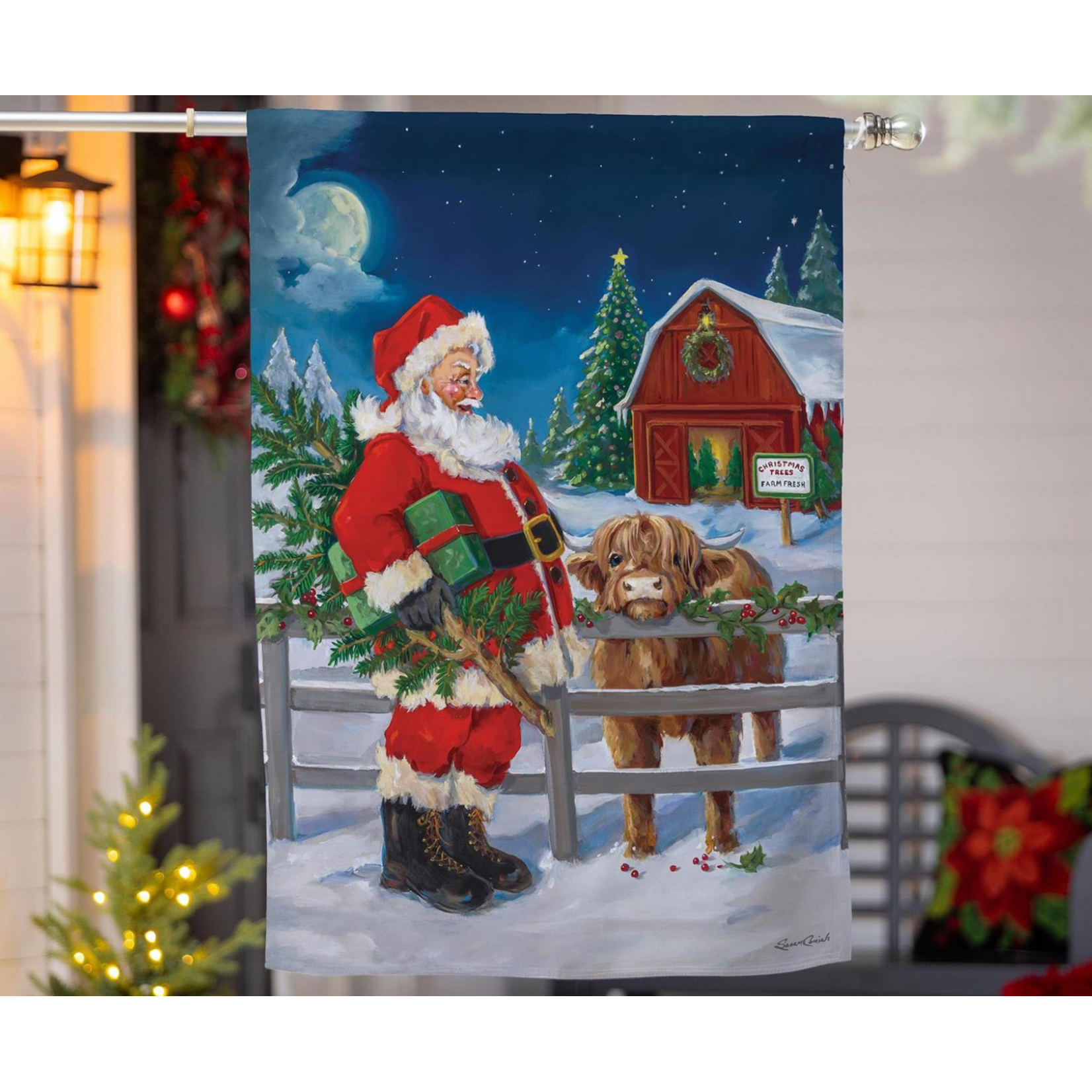 Santa & Highland Cow Suede House Flag