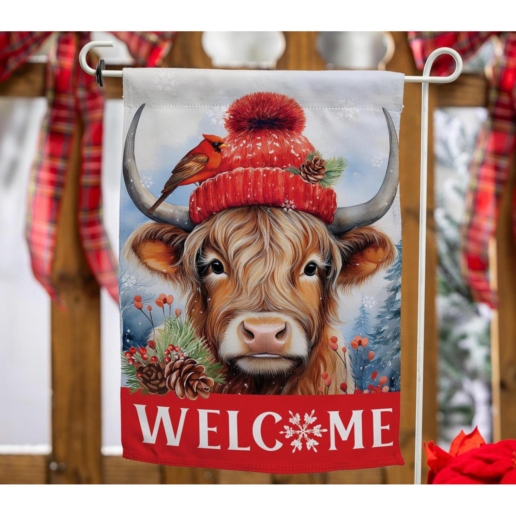 Bundled Up Highland Cow Suede Garden Flag