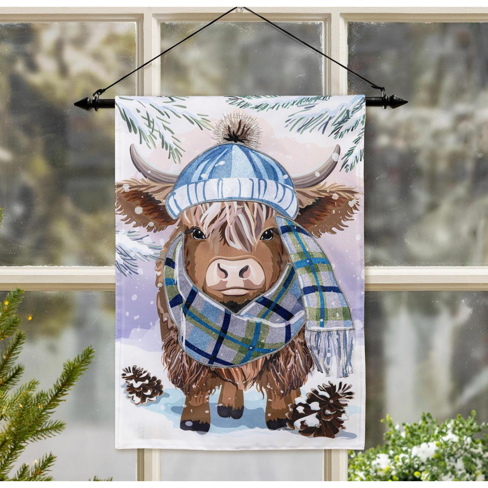 Winter Highland Cow Applique Garden Flag