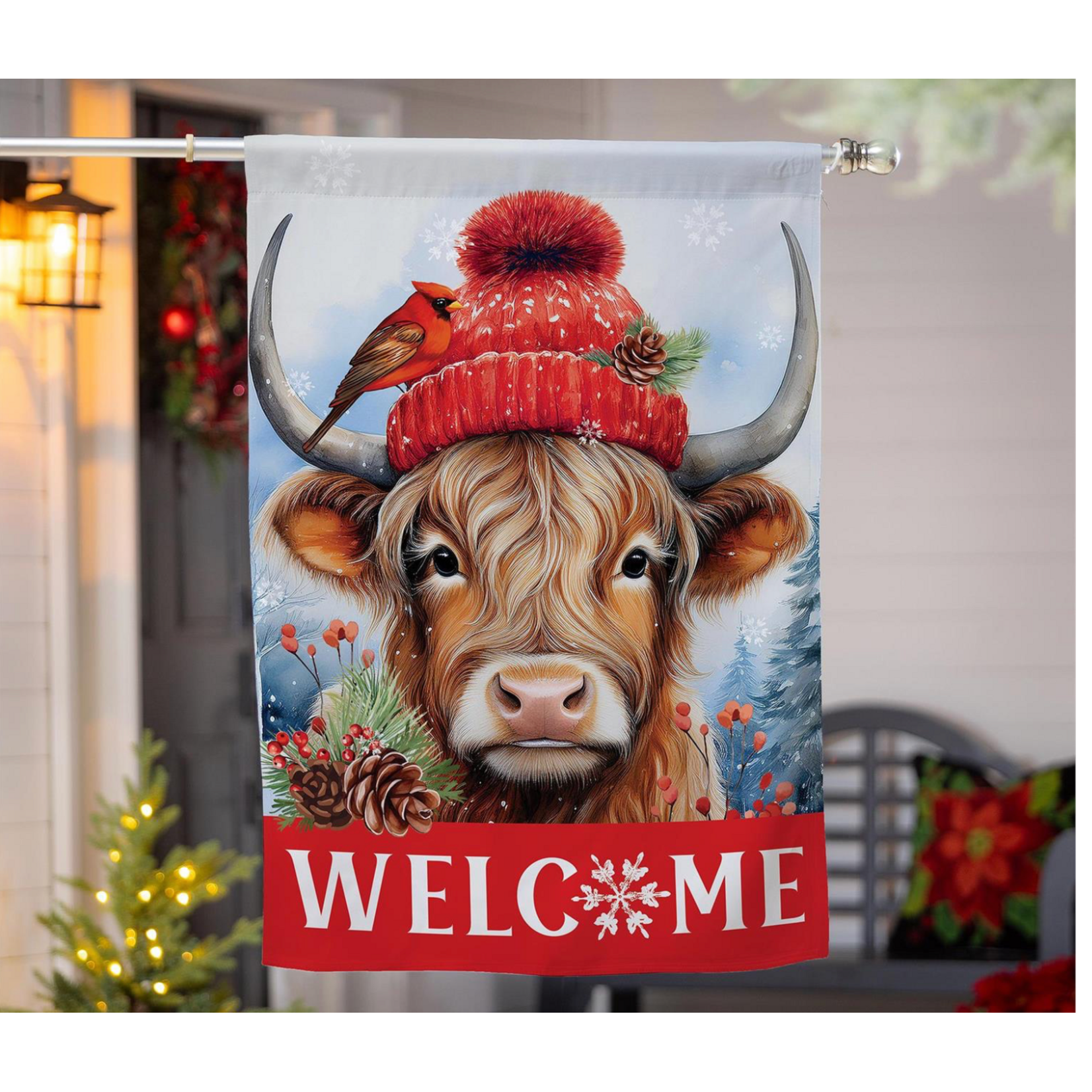 Bundled Up Highland Cow Suede House Flag