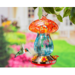 Art Glass Hanging Mushroom Bird Feeder, Red & Blue