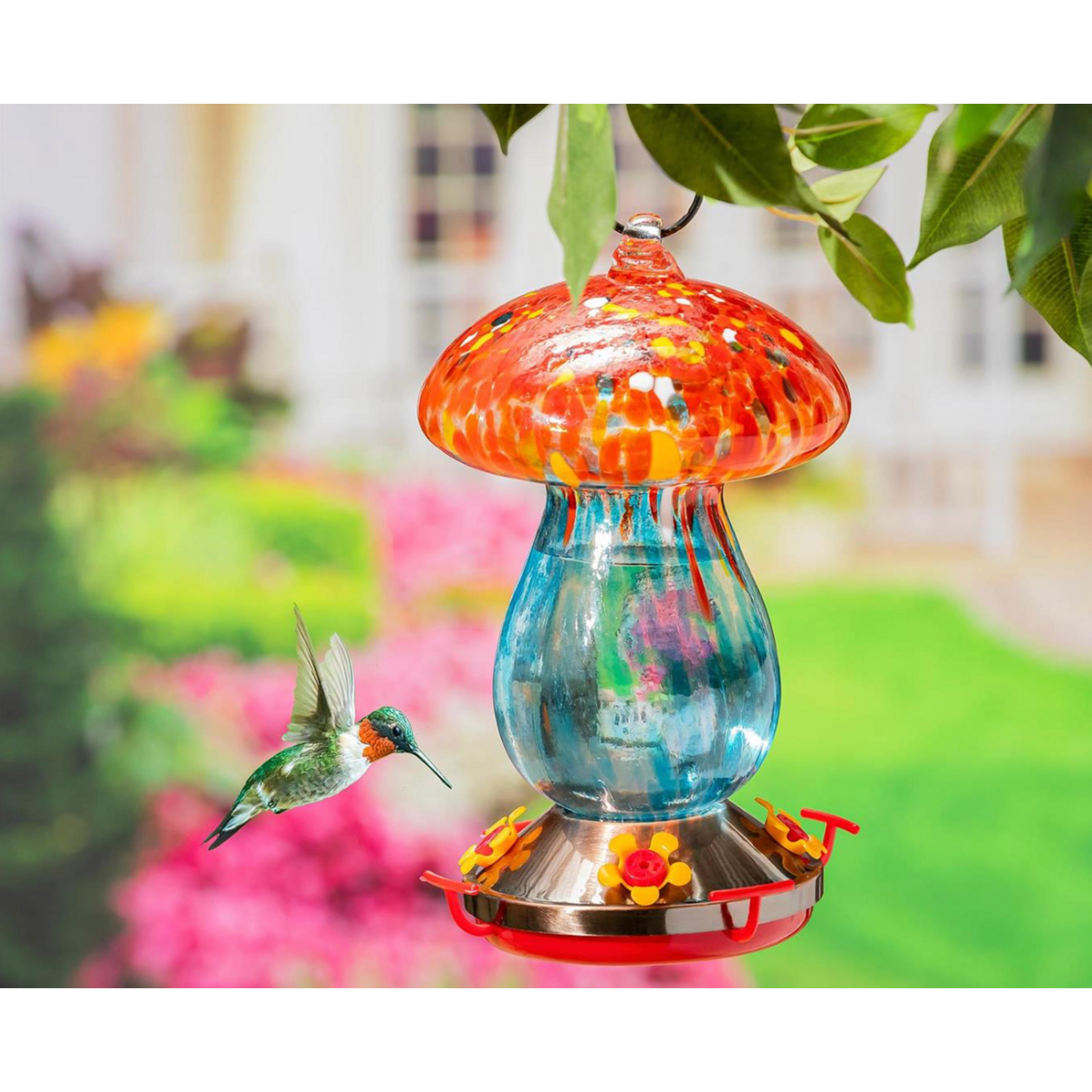 Garden of Wonder Bird Feeder, Art Glass Hanging Mushroom, Red & Blue