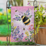 Pollinator Garden Pink Florals Bee Burlap Garden Flag