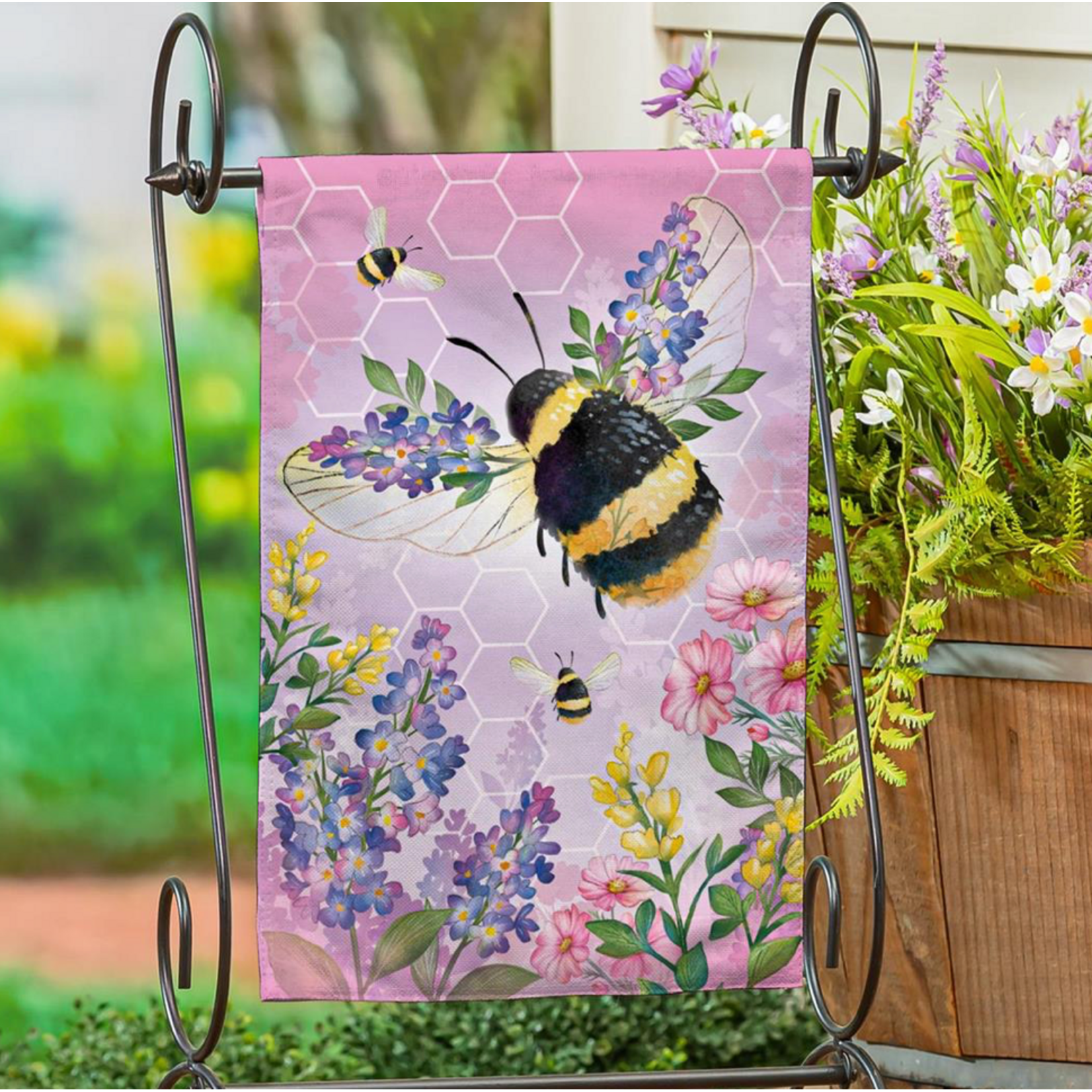 Pollinator Garden Pink Florals Bee Burlap Garden Flag