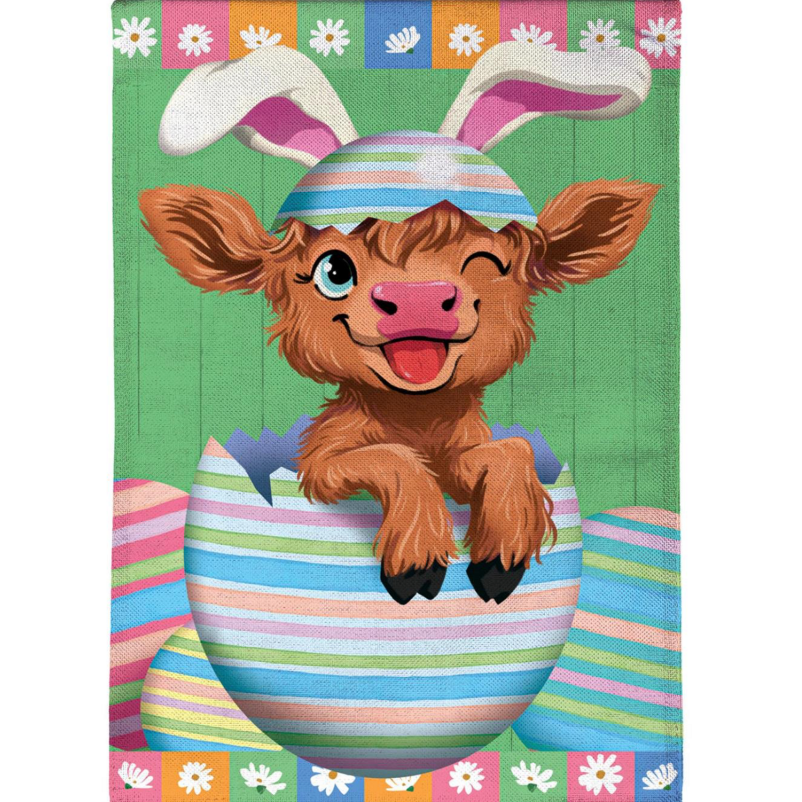Winky the Easter Highland Cow Burlap Garden Flag