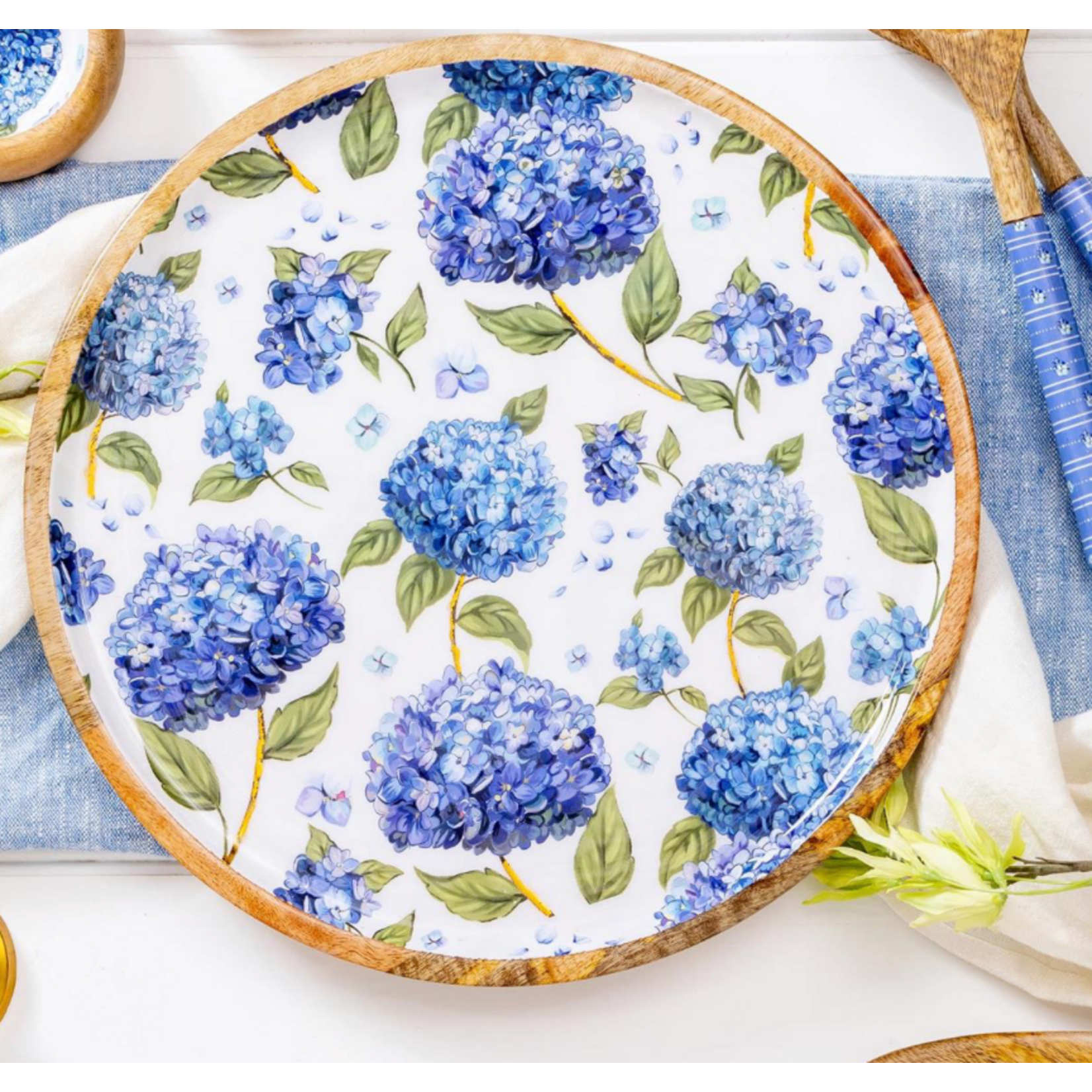 Hydrangea Platter, Round Wood Platter, 14"L