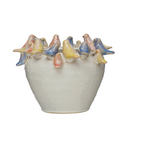 Creative Co-op Stoneware Planter with Birds on Rim, Reactive Glaze