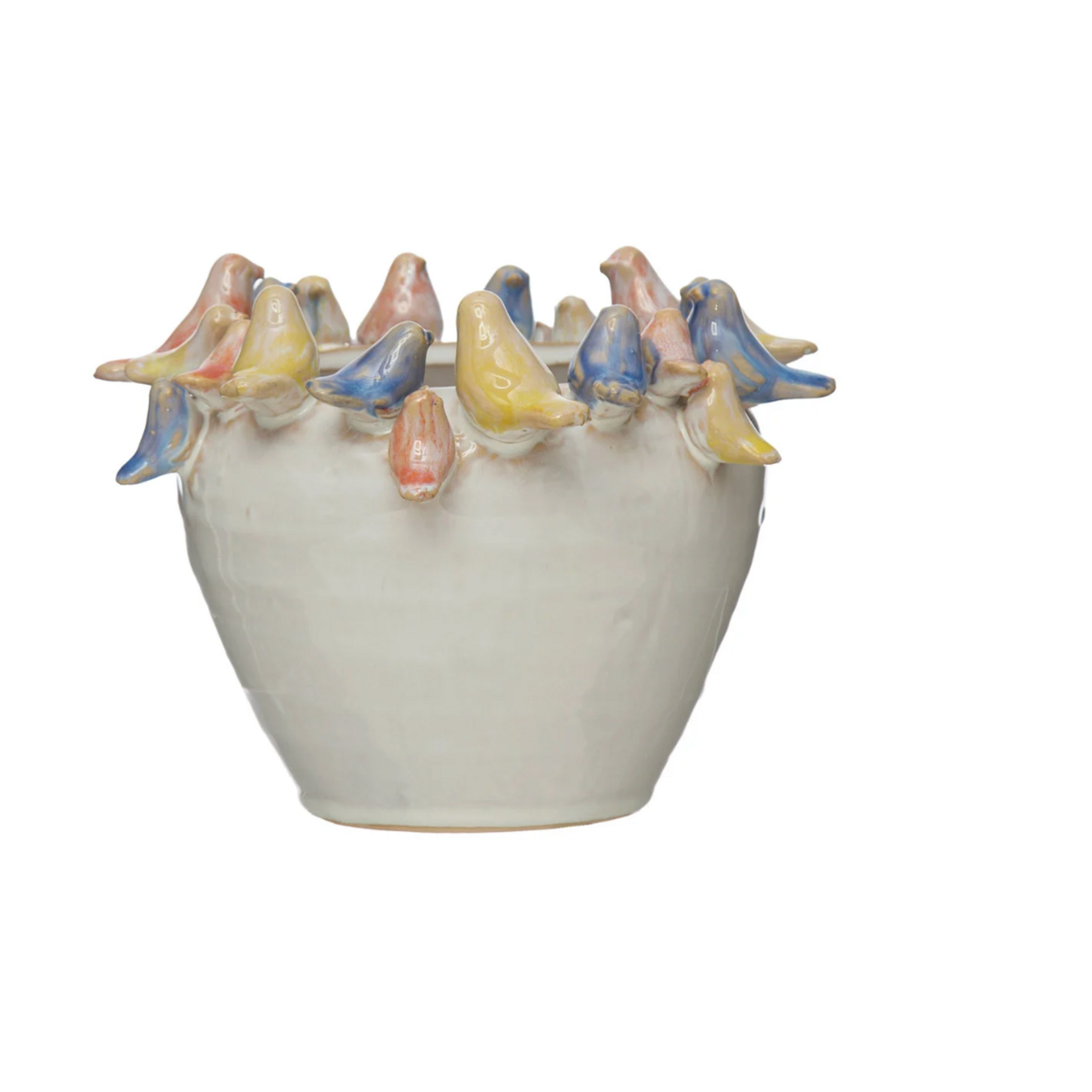 Creative Co-op Stoneware Planter with Birds on Rim, Reactive Glaze